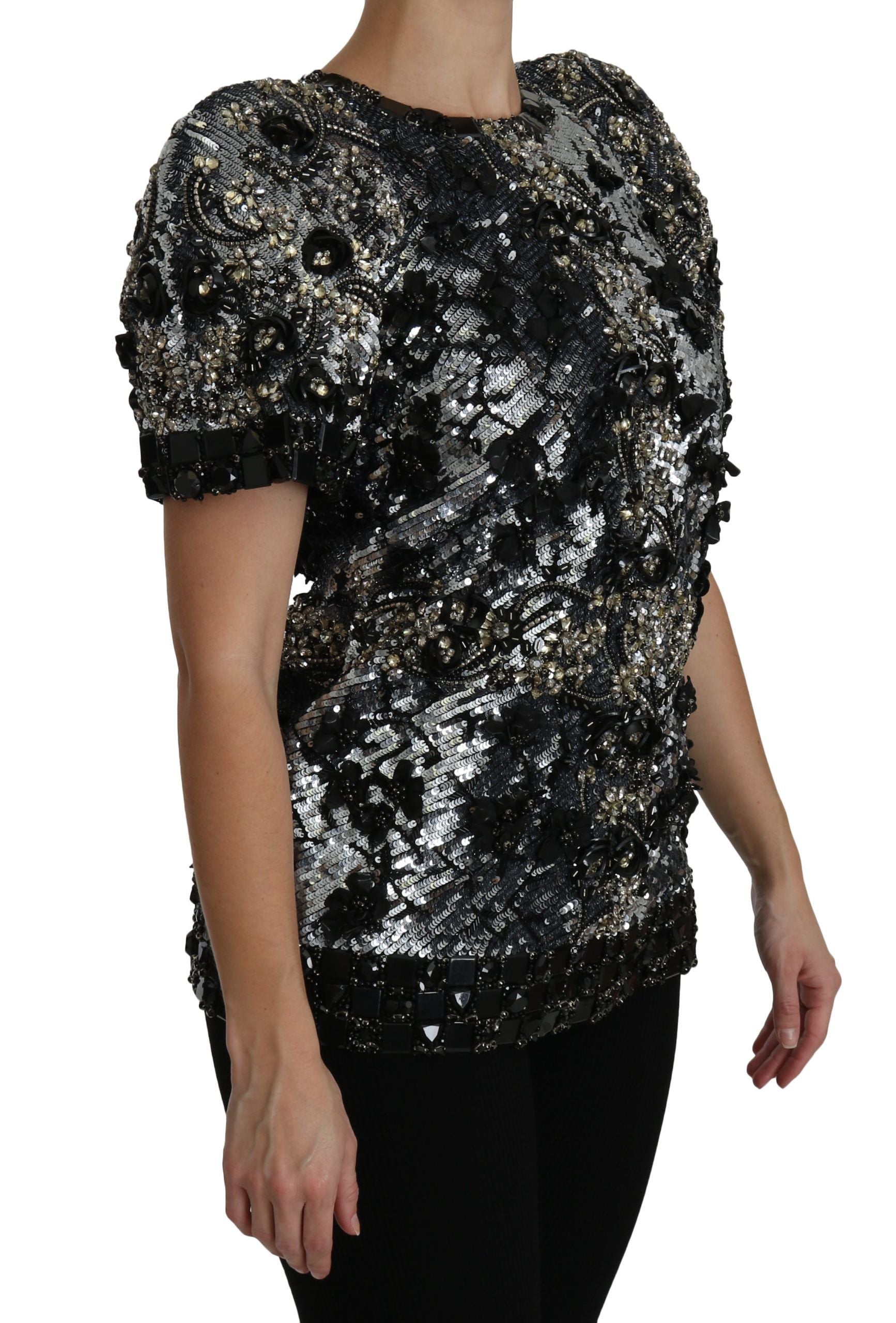 Dolce & Gabbana Schwarzes paillettenbesetztes und kristallverziertes Blusentop-2