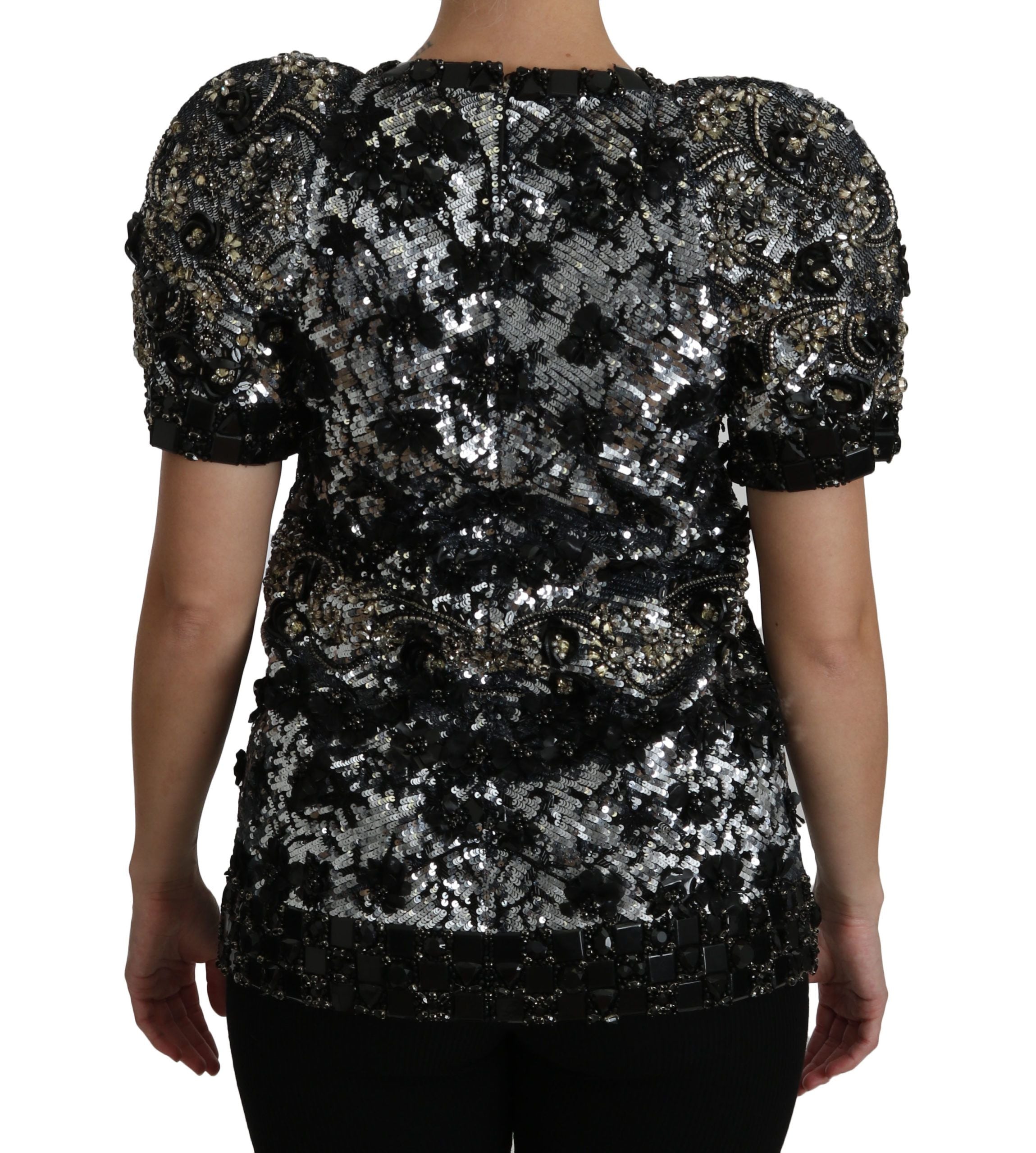 Dolce & Gabbana Schwarzes paillettenbesetztes und kristallverziertes Blusentop-4