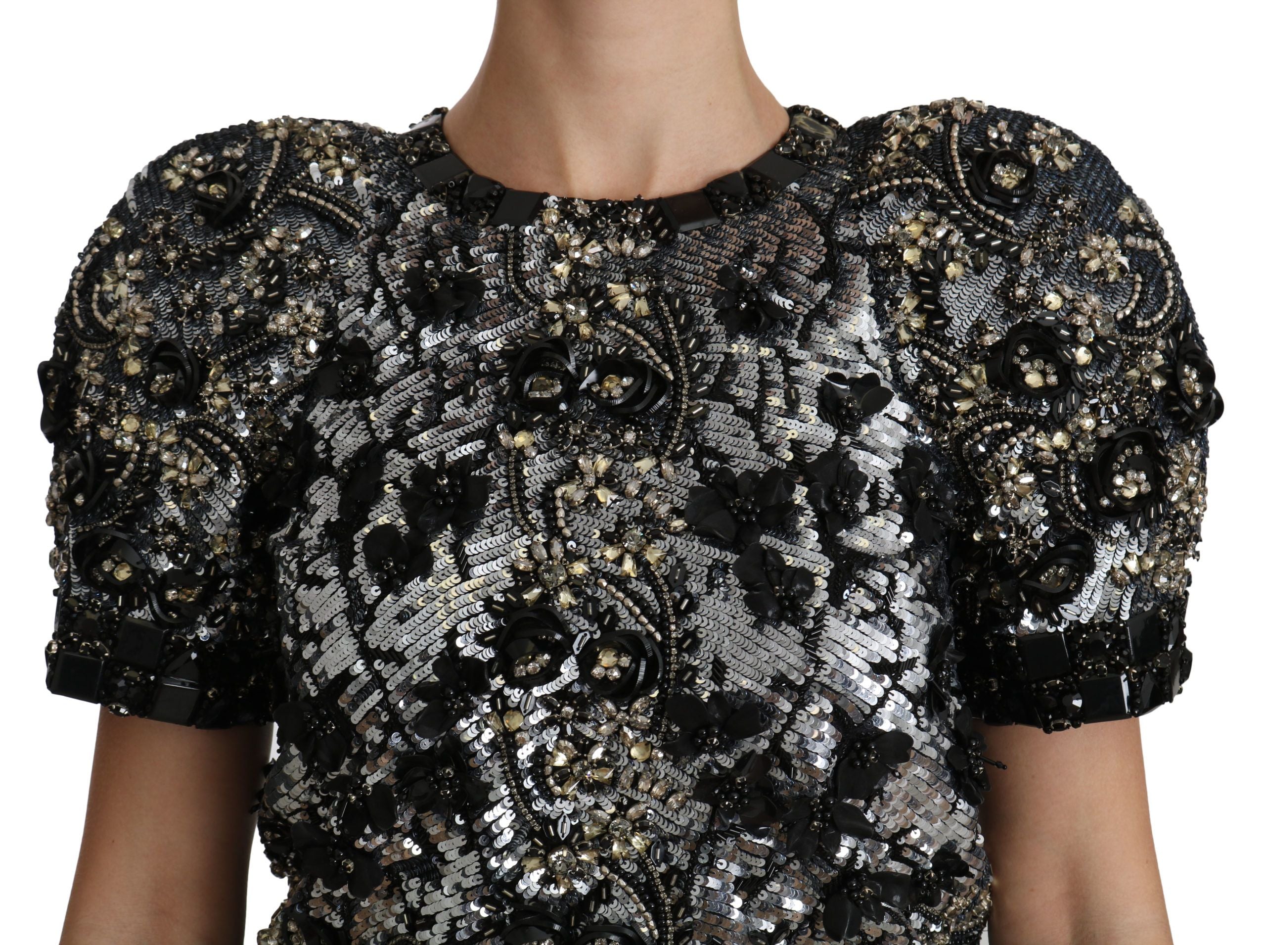Dolce & Gabbana Schwarzes paillettenbesetztes und kristallverziertes Blusentop-5