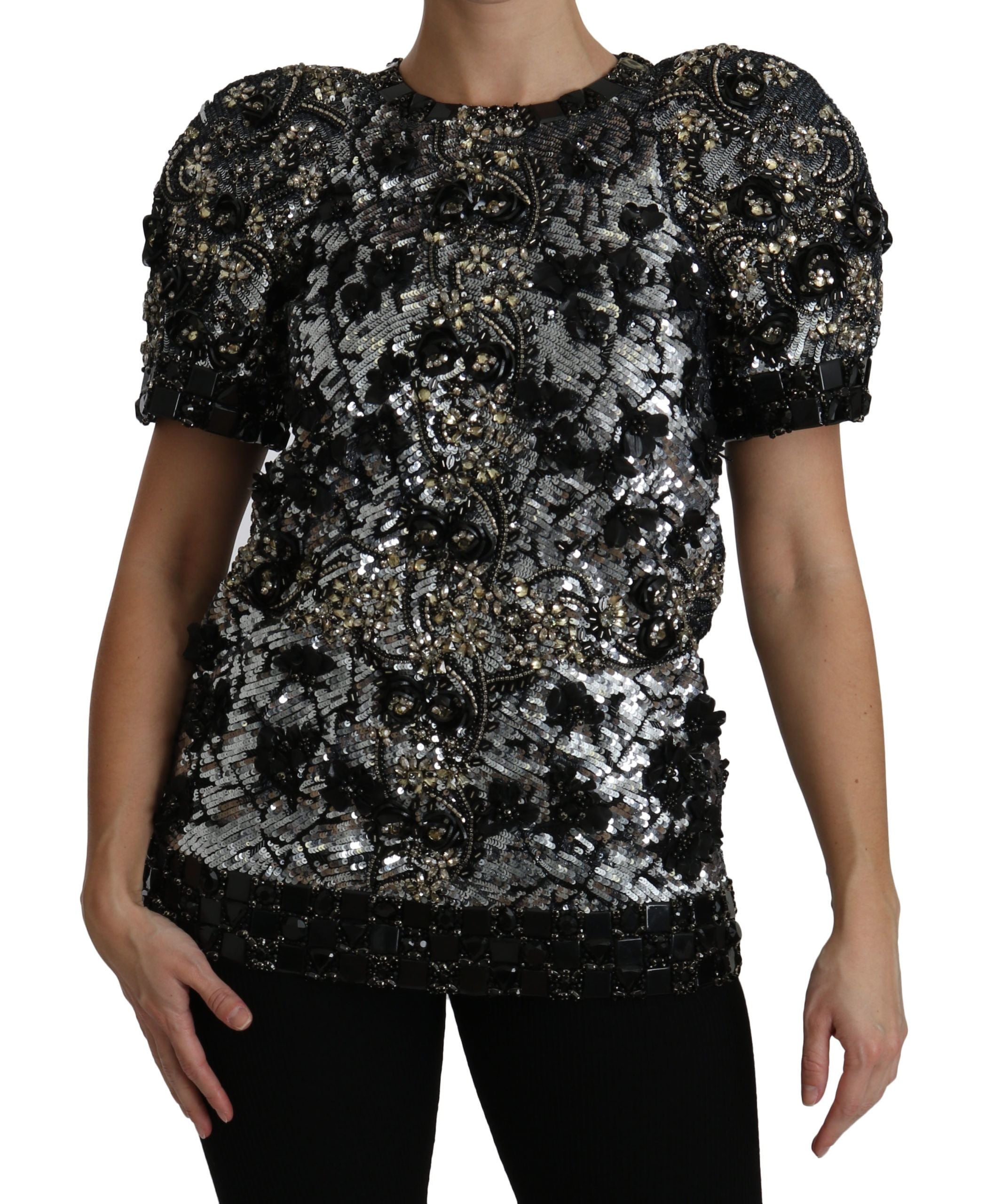 Dolce & Gabbana Schwarzes paillettenbesetztes und kristallverziertes Blusentop-6