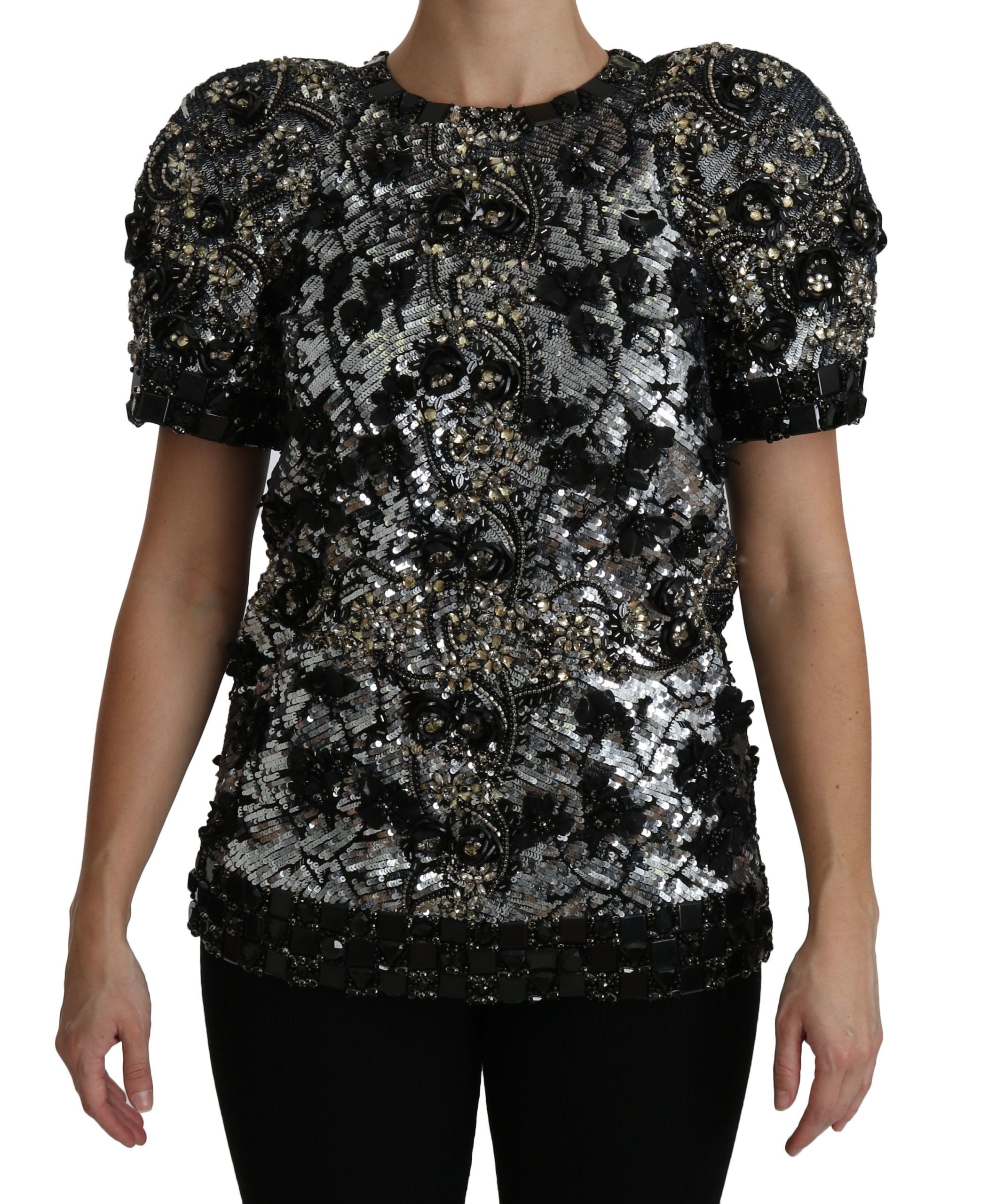 Dolce & Gabbana Schwarzes paillettenbesetztes und kristallverziertes Blusentop-1