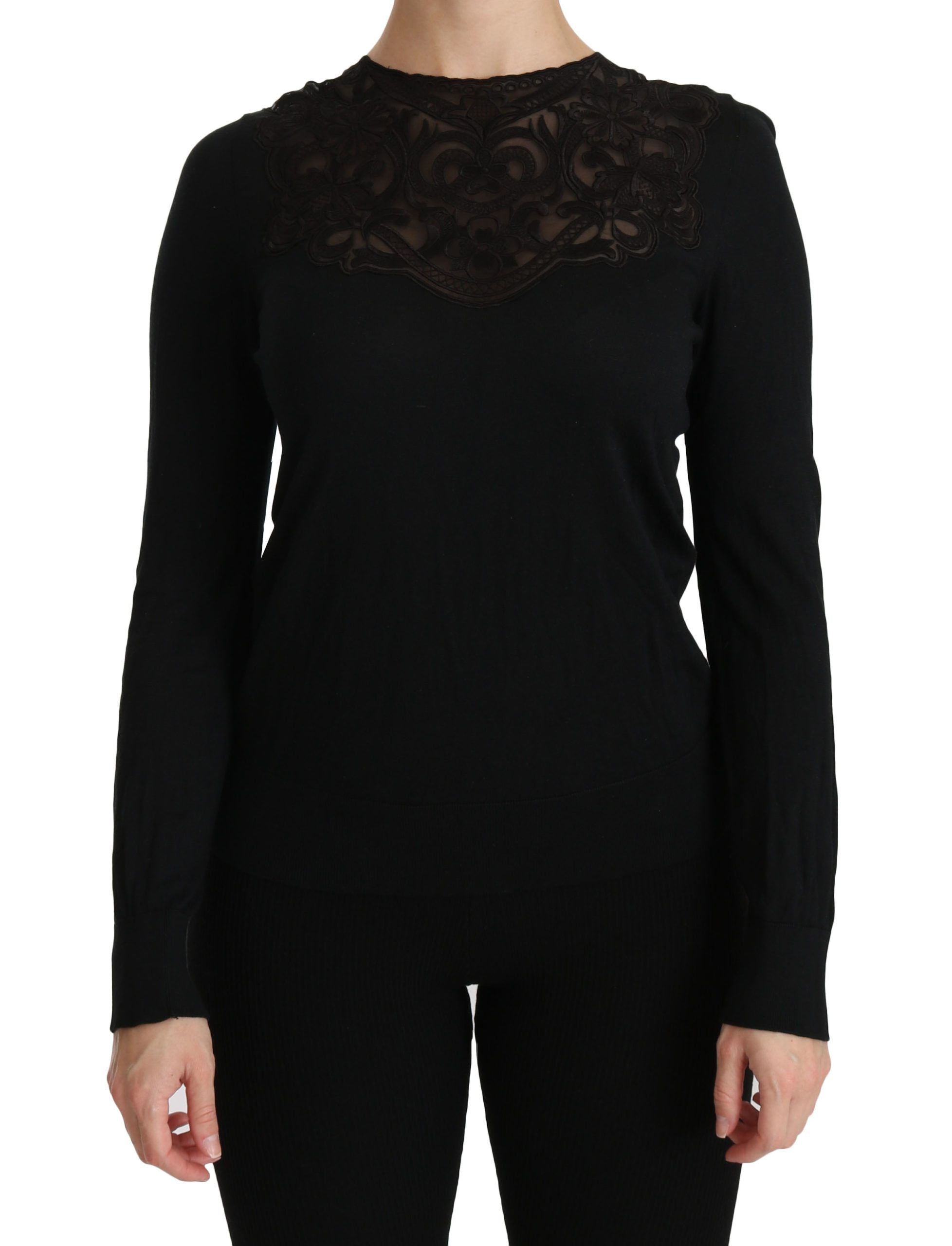 Dolce & Gabbana black silk blouse with a round neckline and long sleeves