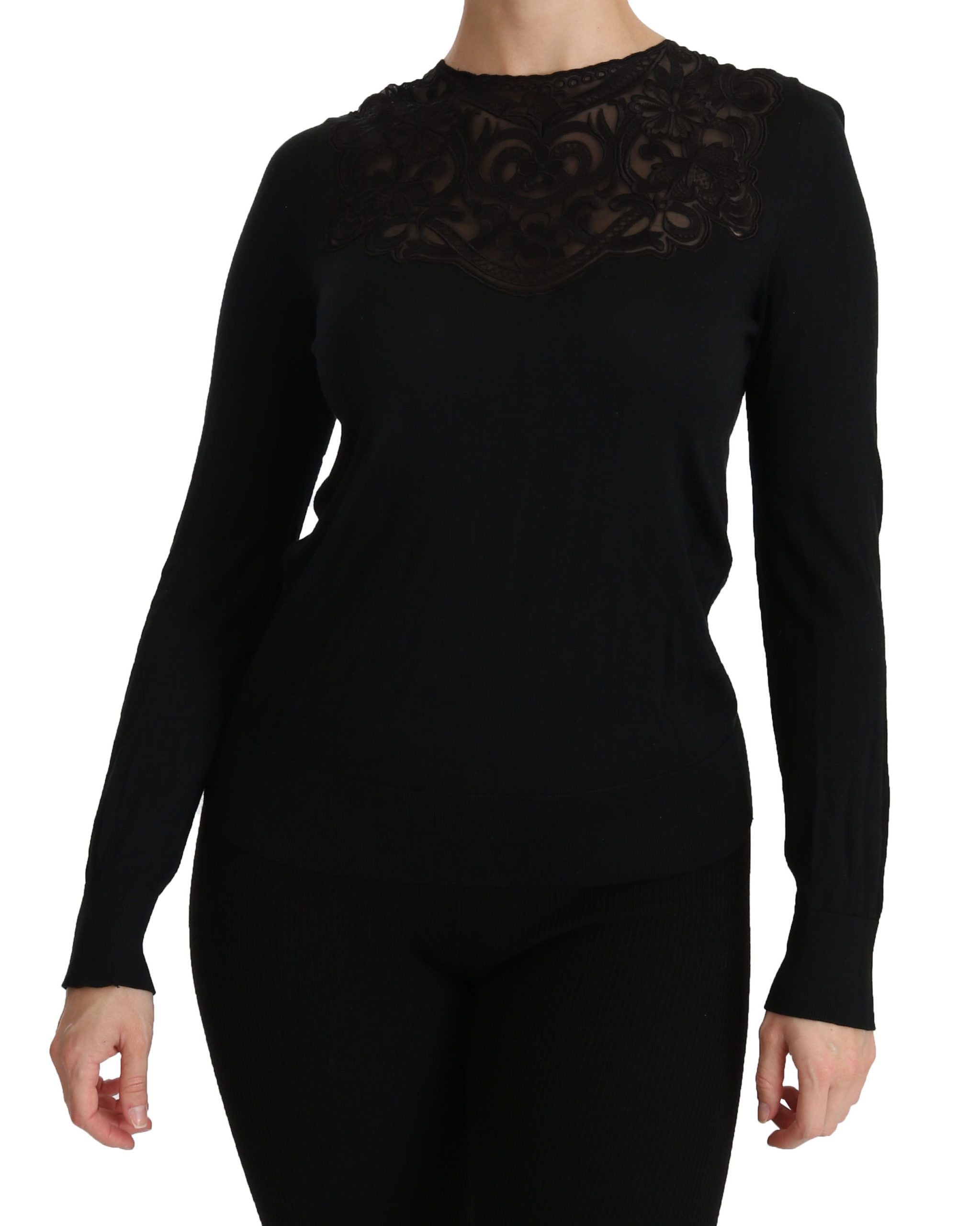 Dolce & Gabbana black silk blouse with a round neckline and long sleeves-6