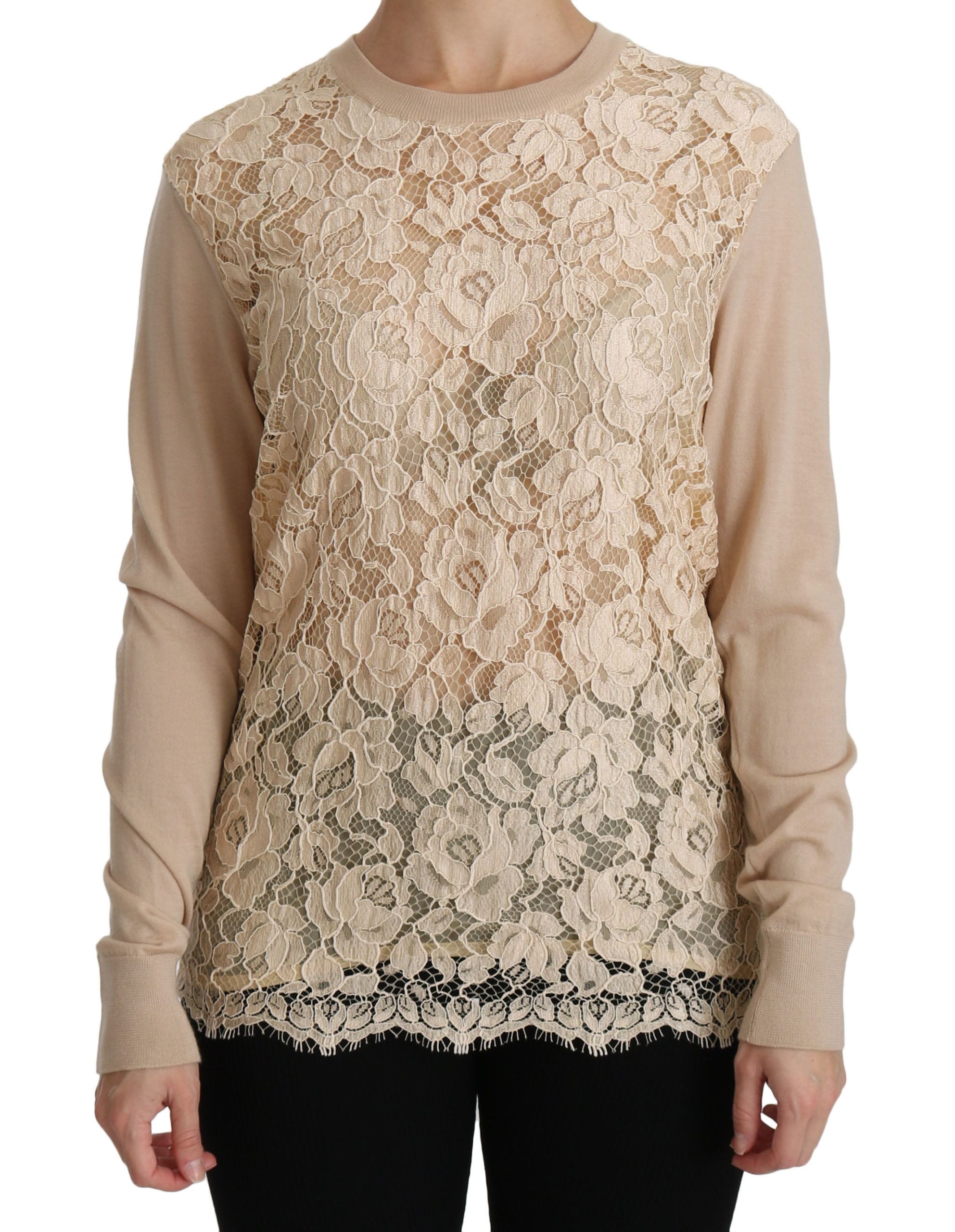 Dolce & Gabbana beige long-sleeved lace top cashmere blouse-2