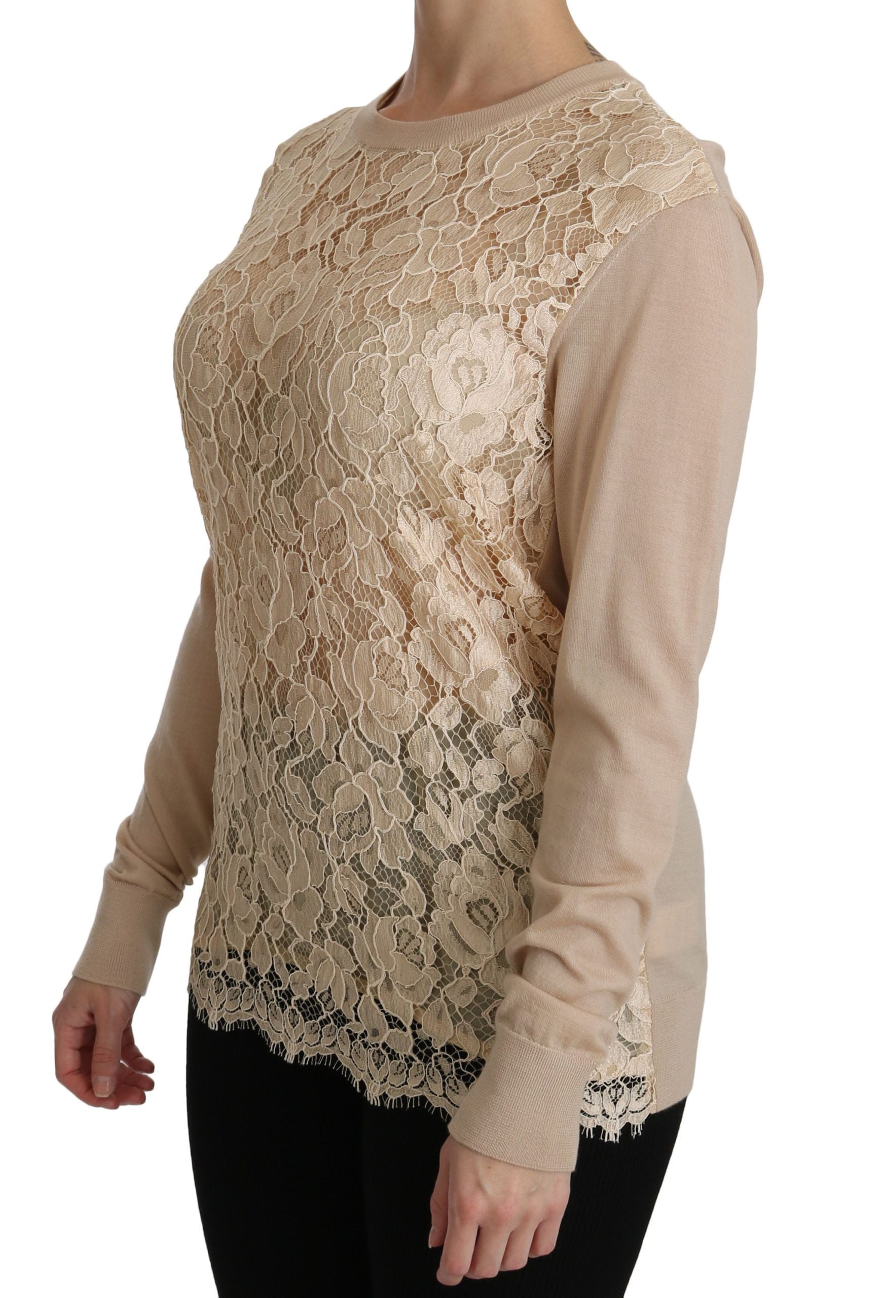 Dolce & Gabbana beige long-sleeved lace top cashmere blouse-4