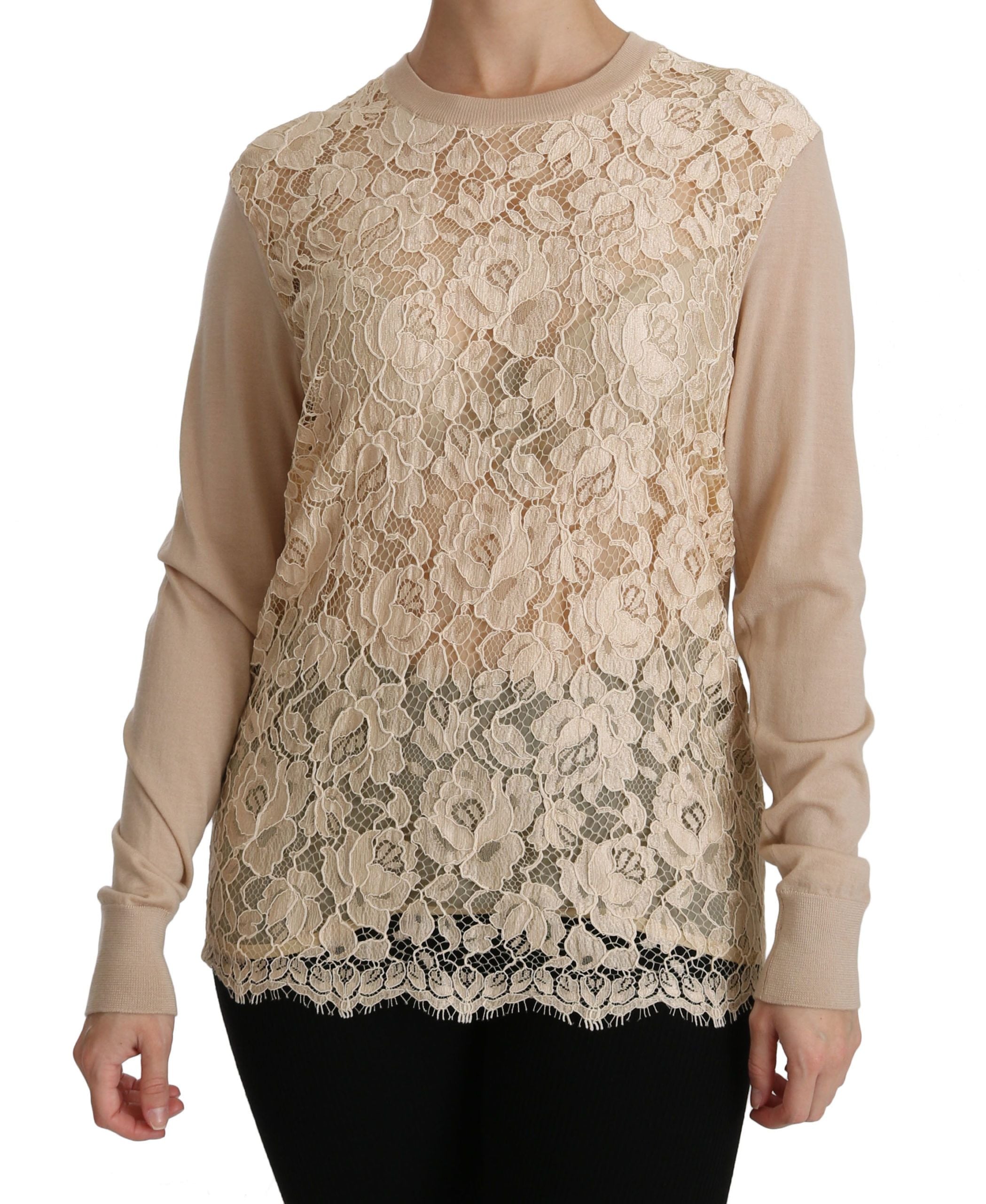 Dolce & Gabbana beige long-sleeved lace top cashmere blouse