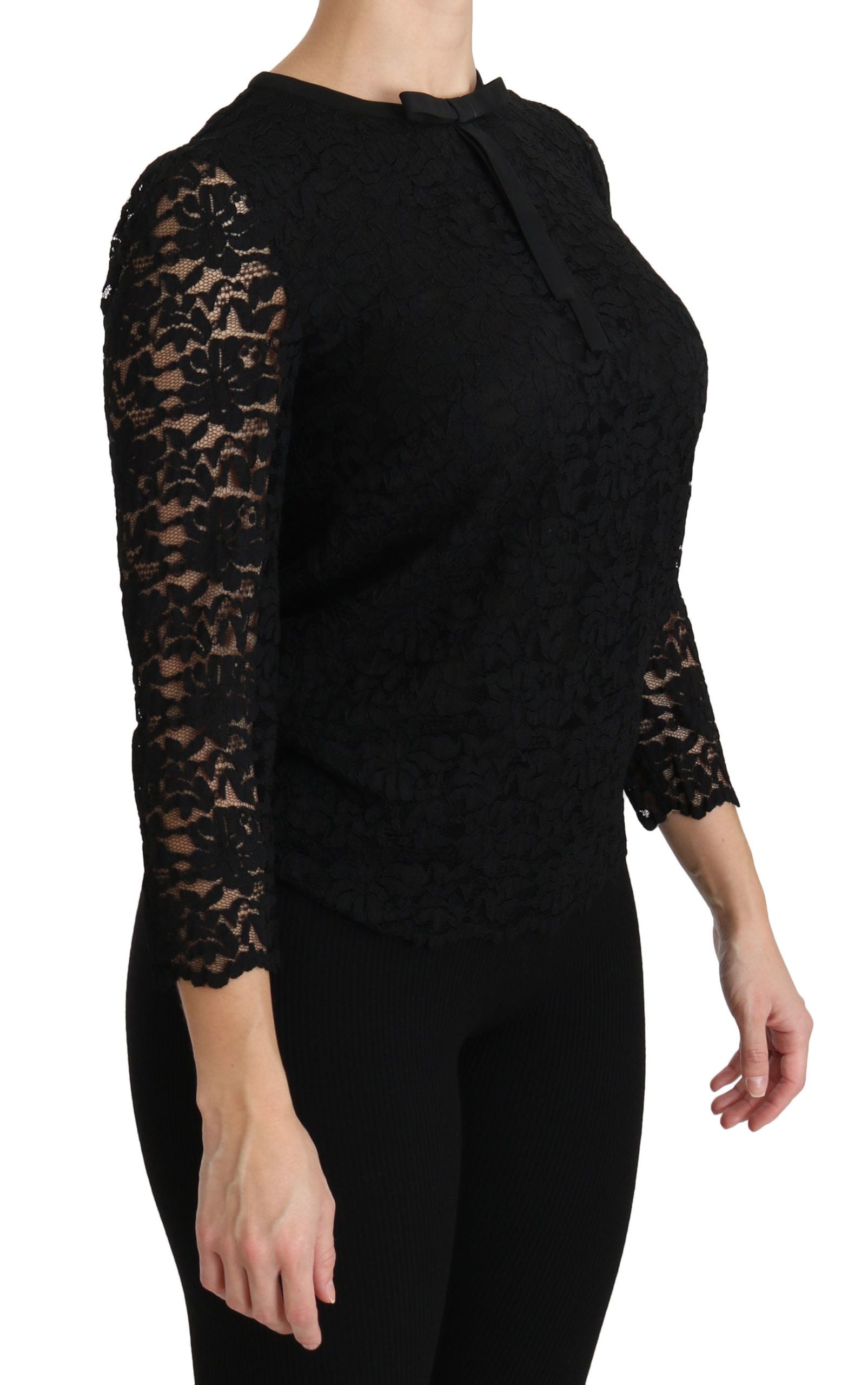 Dolce & Gabbana Black long-sleeved nylon blouse with lace-2