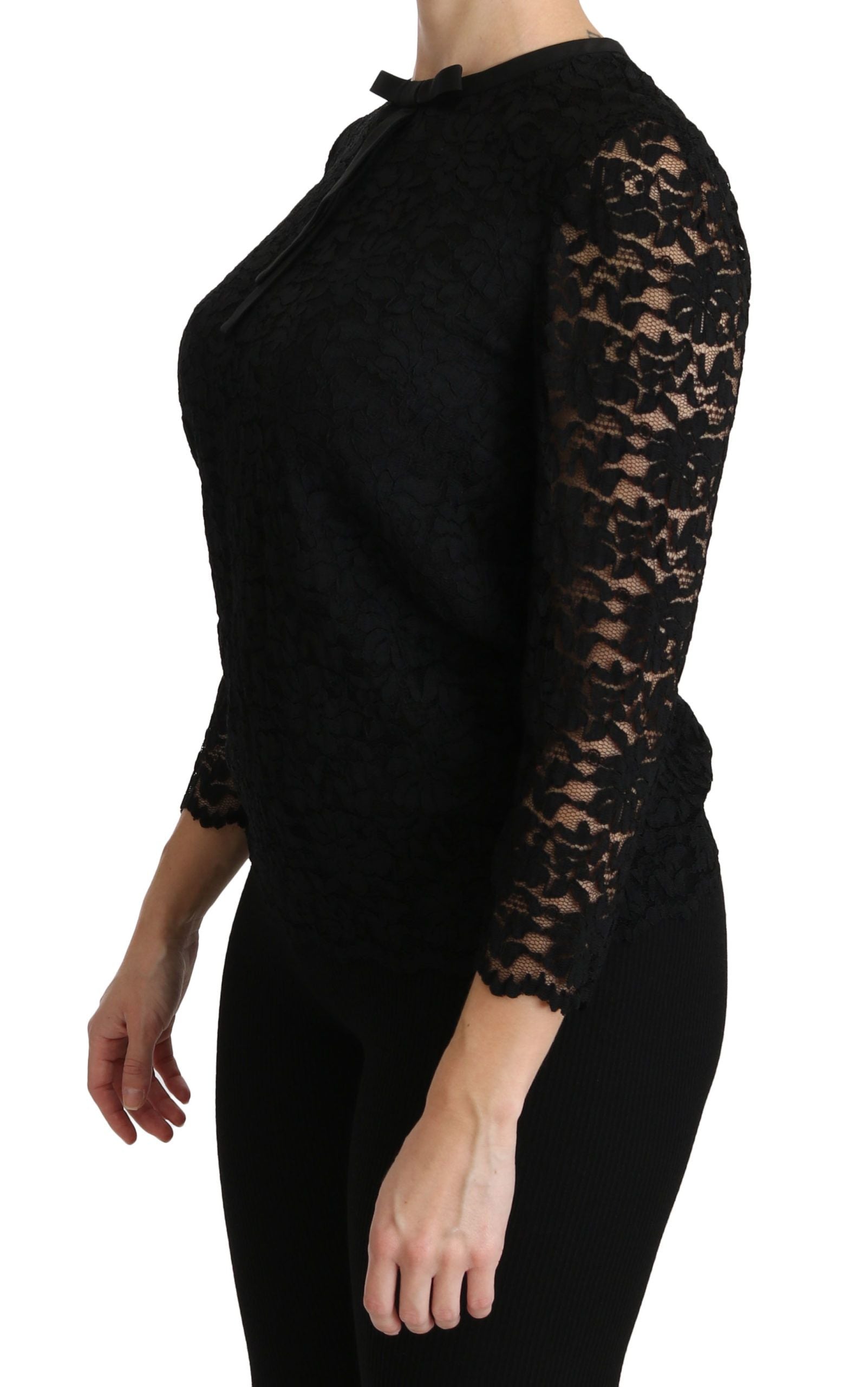 Dolce & Gabbana Black long-sleeved nylon blouse with lace-3