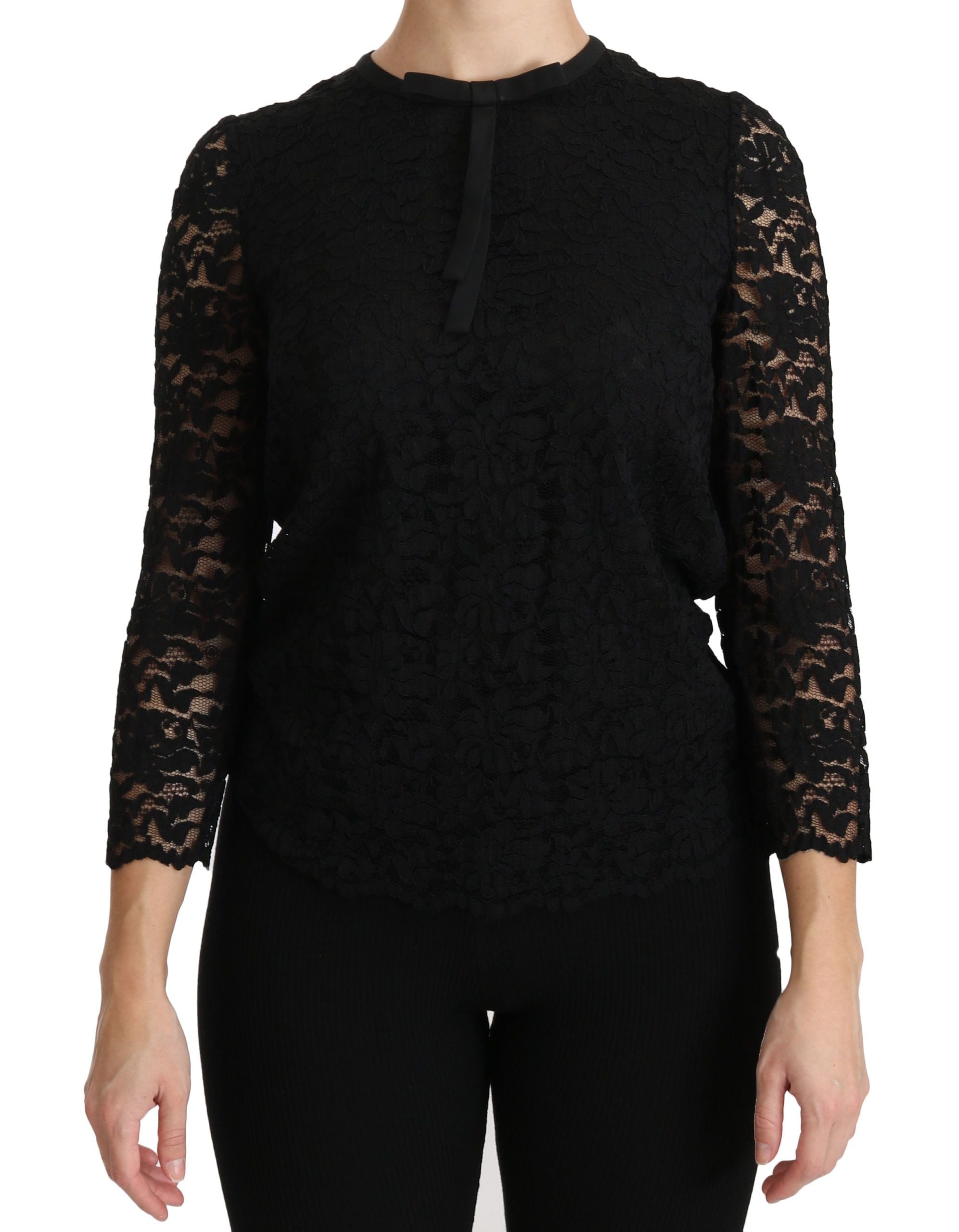 Dolce & Gabbana Black long-sleeved nylon blouse with lace