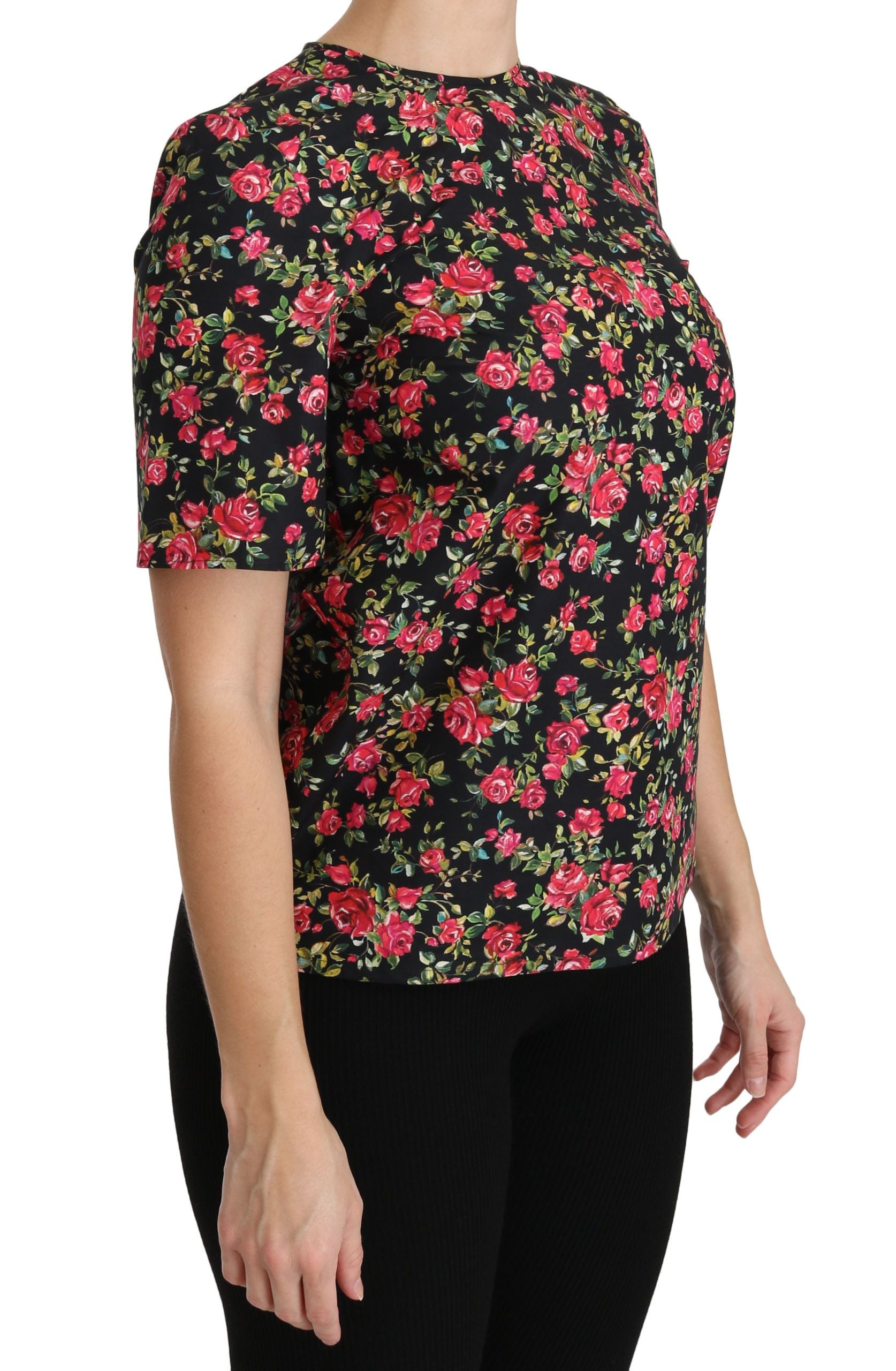 Dolce & Gabbana Black Floral Rose Short Sleeve Blouse-2