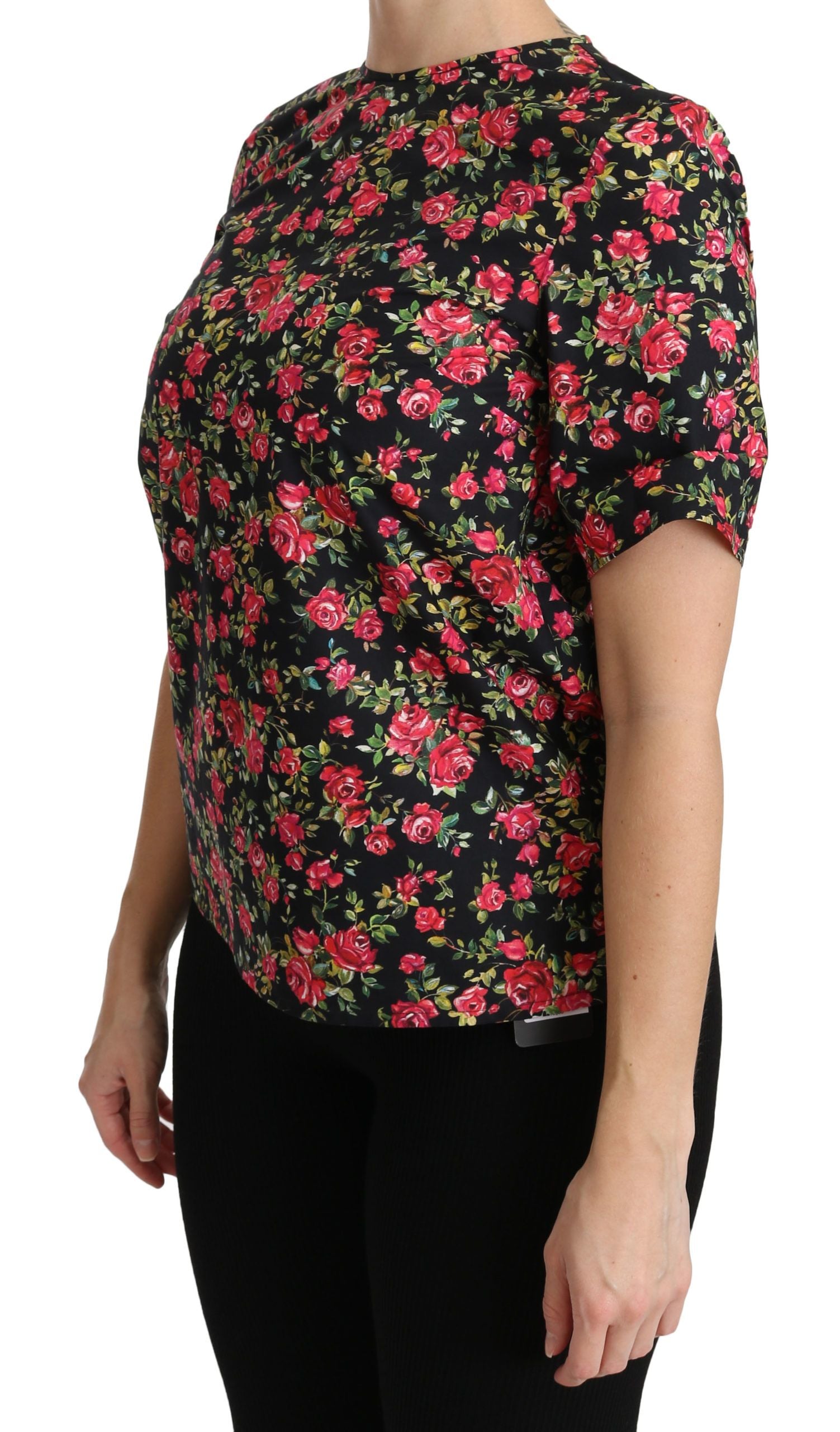 Dolce & Gabbana Black Floral Rose Short Sleeve Blouse-3