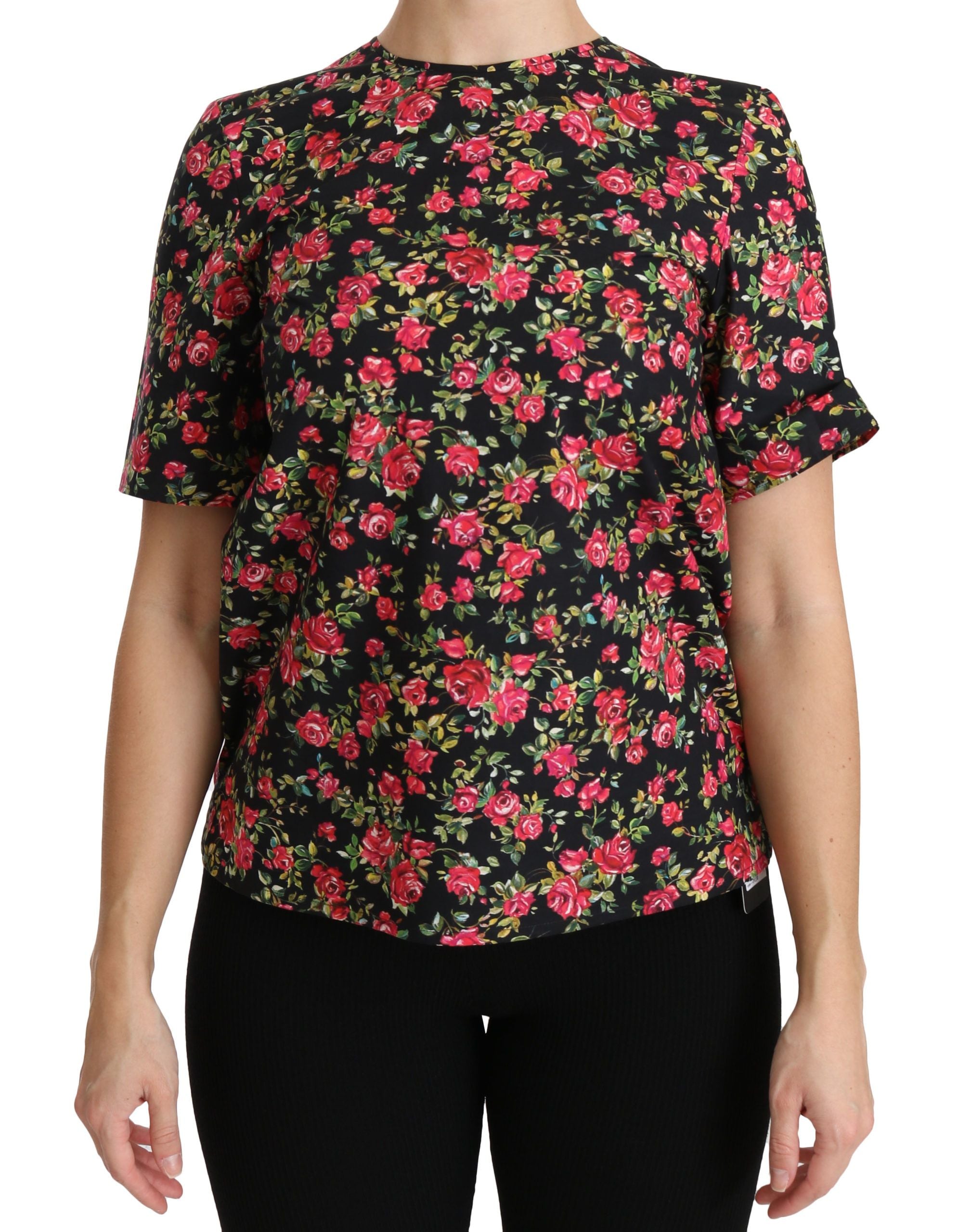 Dolce & Gabbana Black Floral Rose Short Sleeve Blouse-1