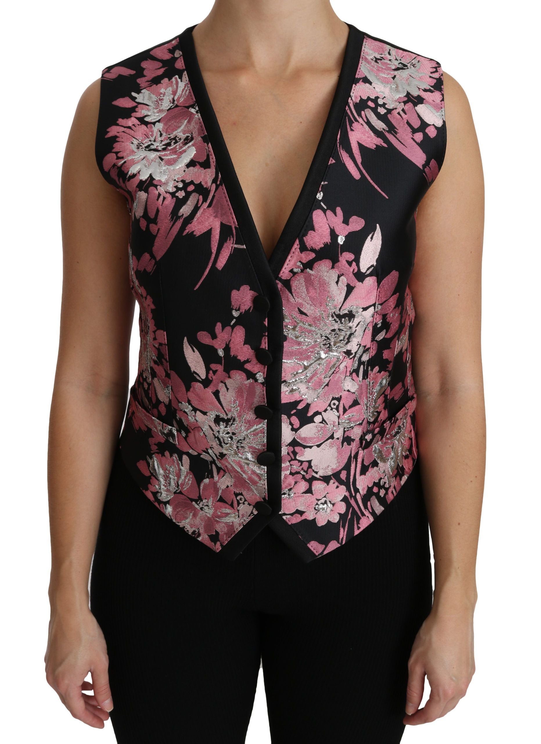 Dolce & Gabbana Black Pink Floral Vest Blouse Top-1