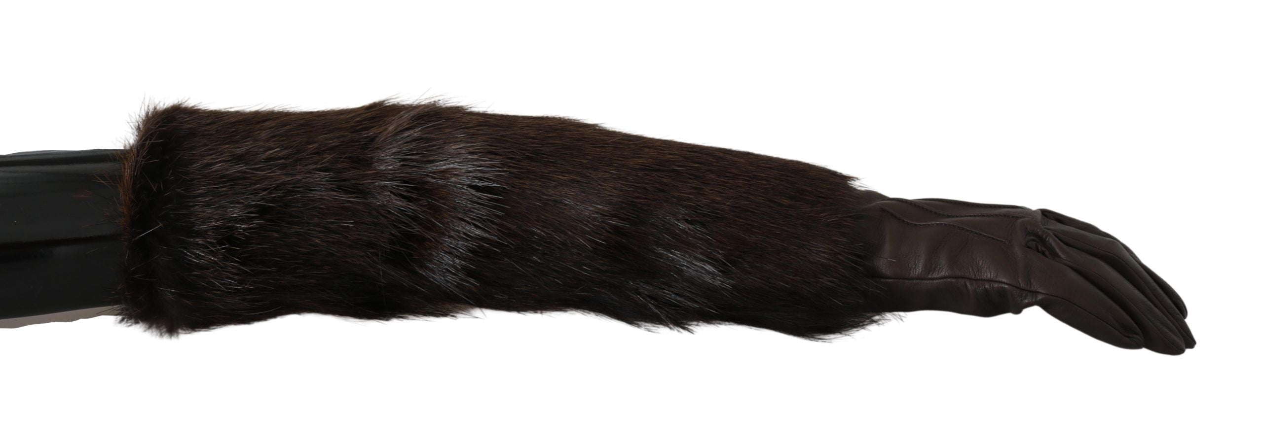 Dolce & Gabbana Brown Elbow-Length Mittens Leather Fur Gloves