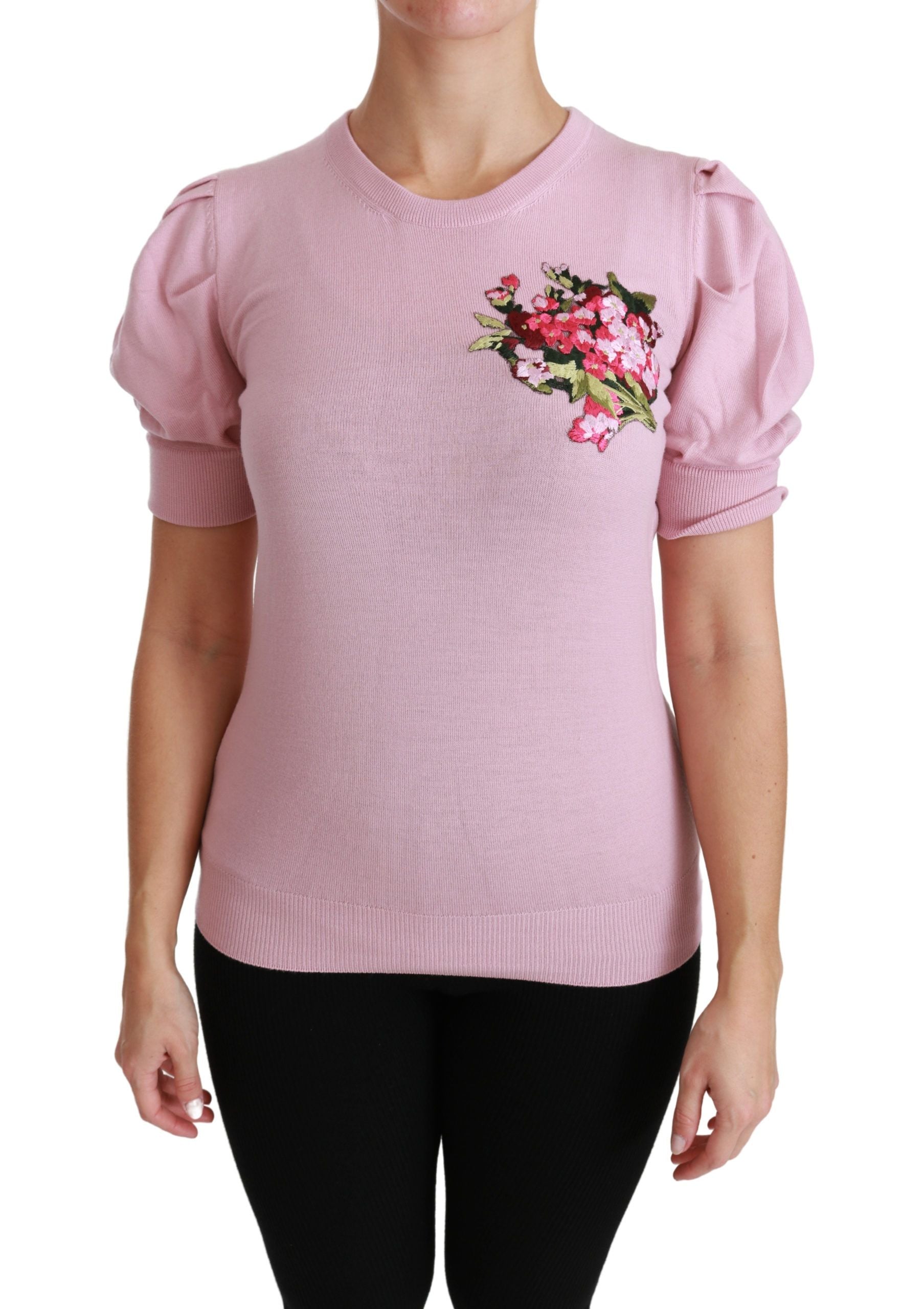 Dolce & Gabbana Pink Blouse with Floral Embroidery Wool Top