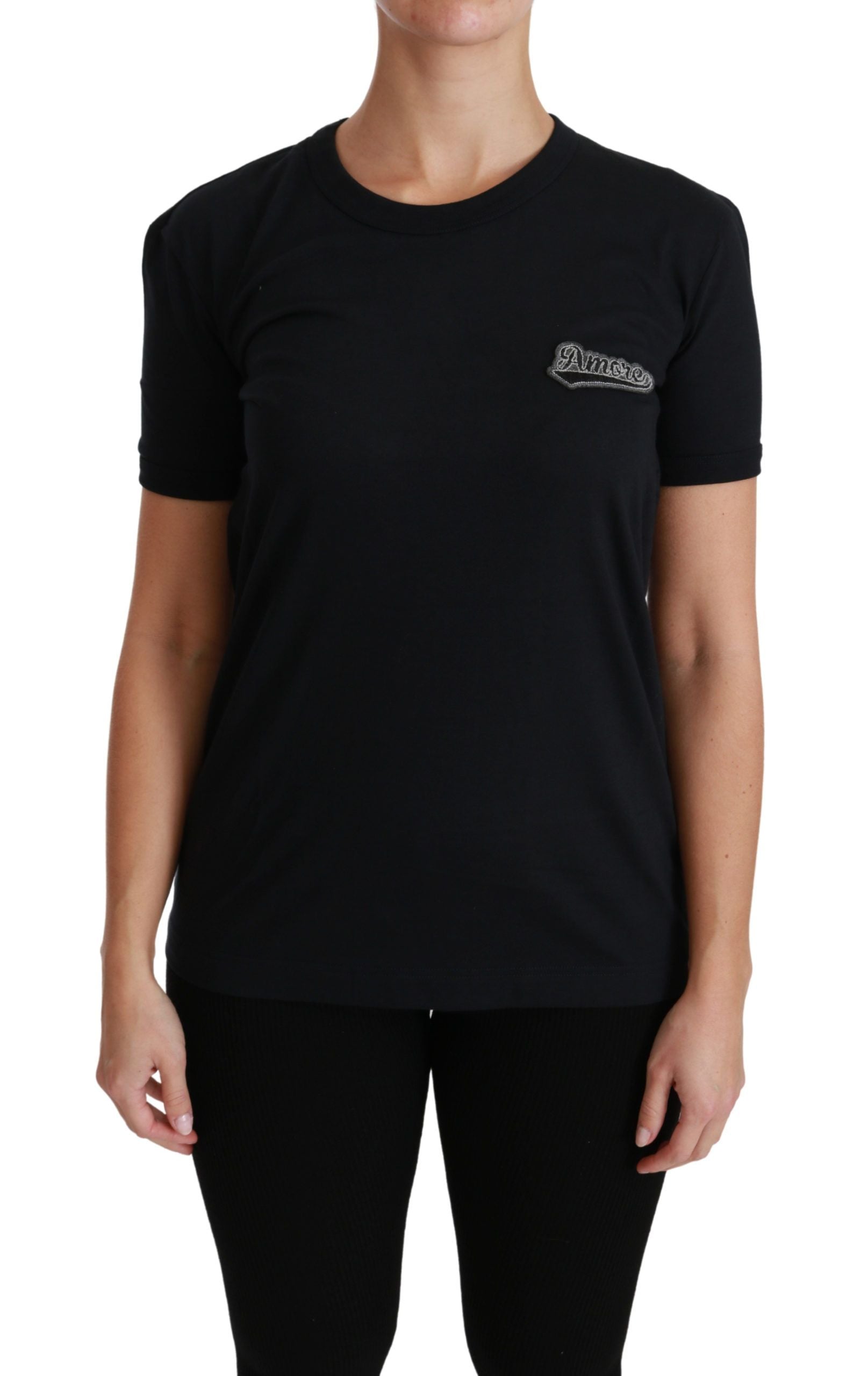 Dolce & Gabbana Blaues Amore Patch Baumwoll-T-Shirt mit Rundhalsausschnitt-2