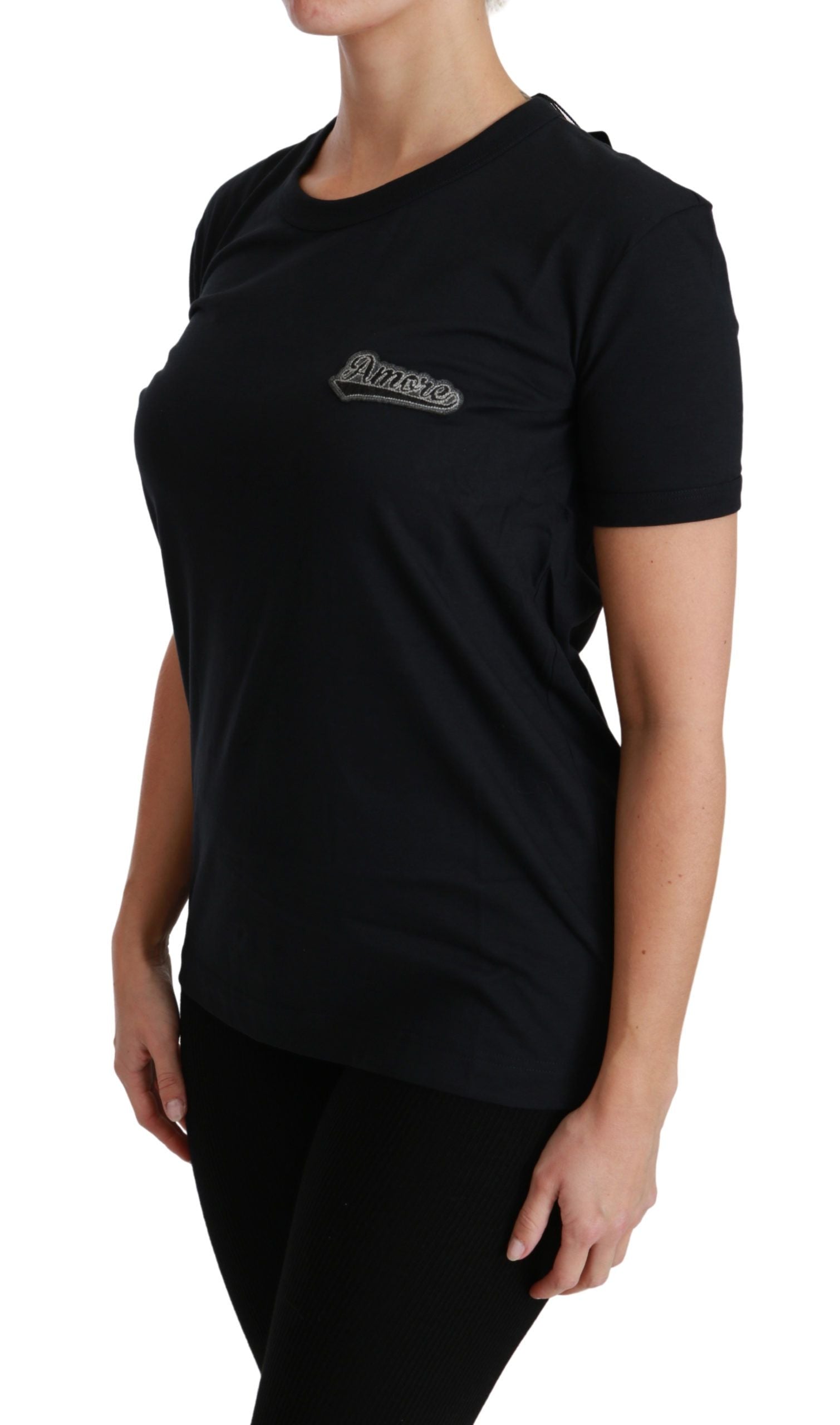 Dolce & Gabbana Blaues Amore Patch Baumwoll-T-Shirt mit Rundhalsausschnitt-4