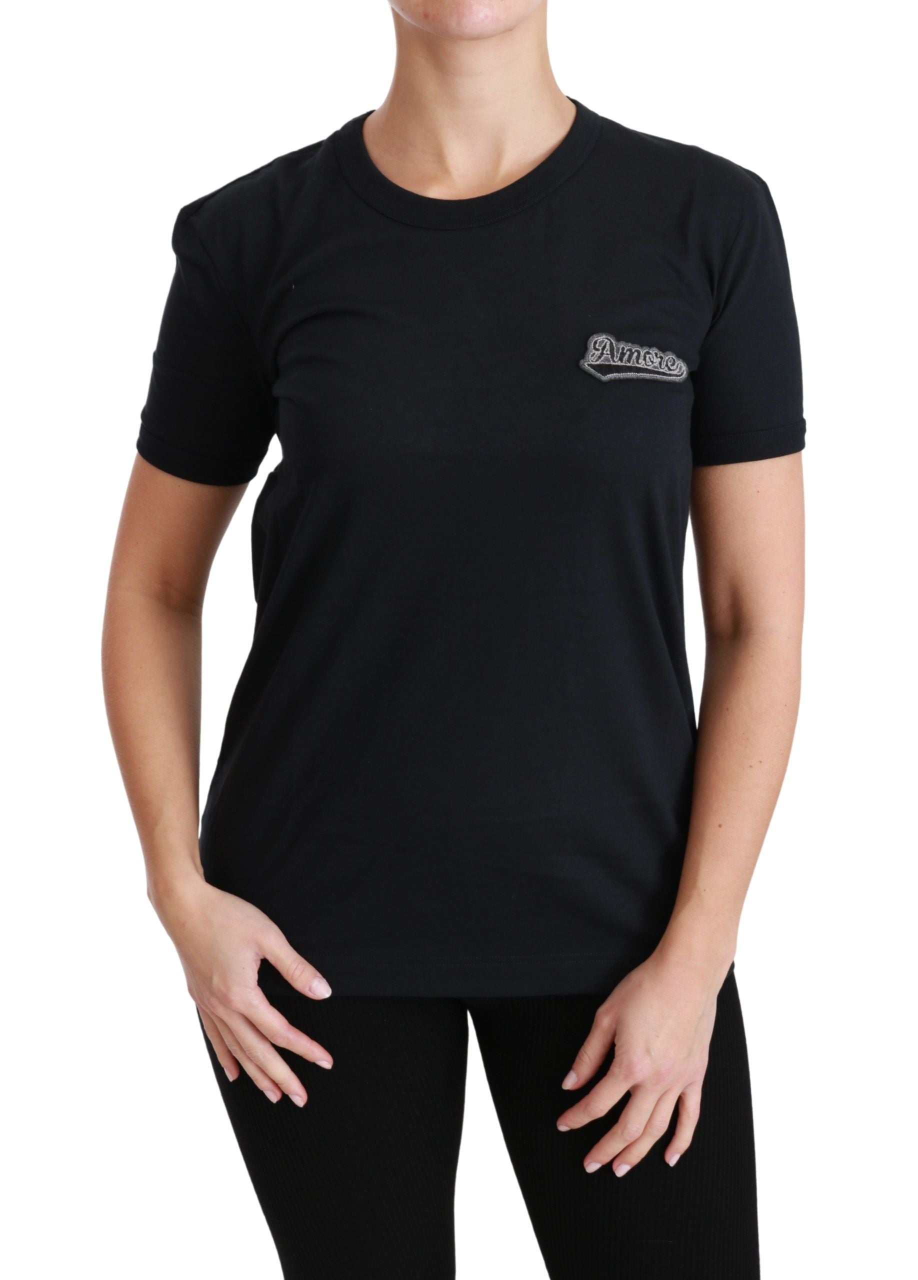 Dolce & Gabbana Blaues Amore Patch Baumwoll-T-Shirt mit Rundhalsausschnitt-1