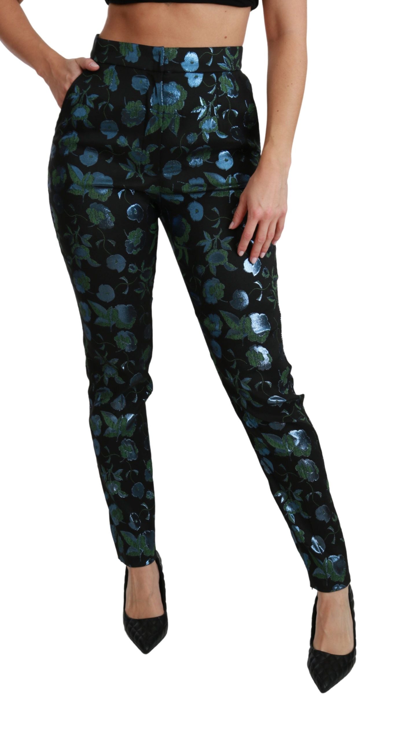 Dolce & Gabbana Blaugrüne Metallic-Hose mit Blumenmuster-2