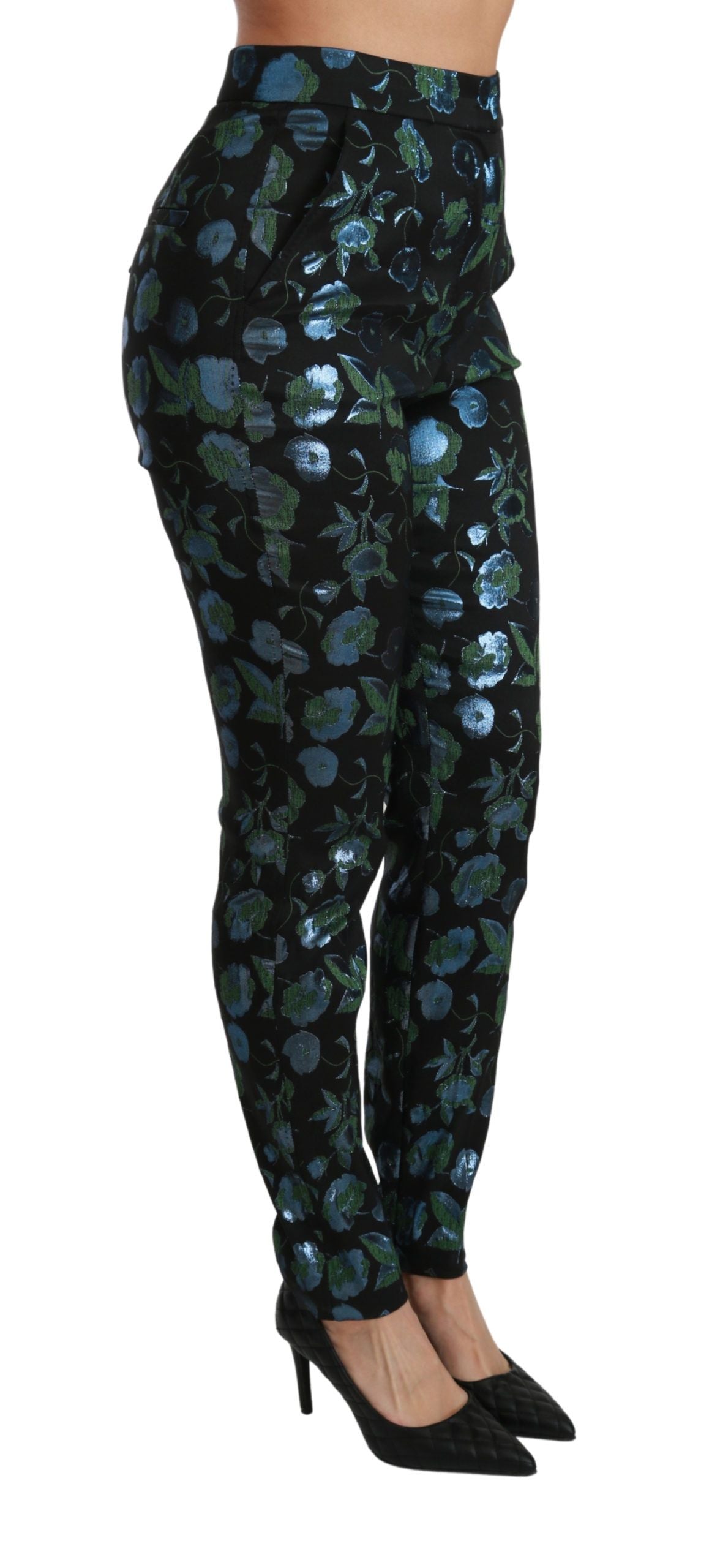 Dolce & Gabbana Blaugrüne Metallic-Hose mit Blumenmuster-3