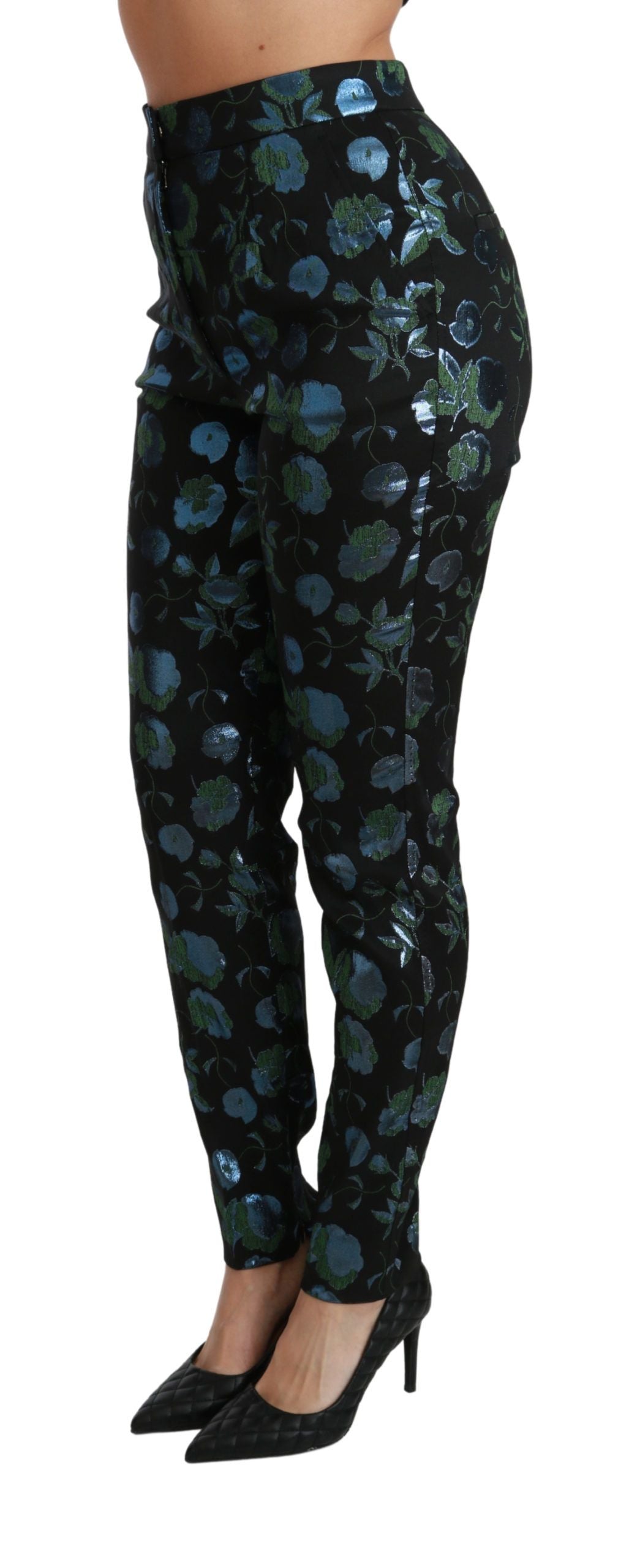 Dolce & Gabbana Blaugrüne Metallic-Hose mit Blumenmuster-4
