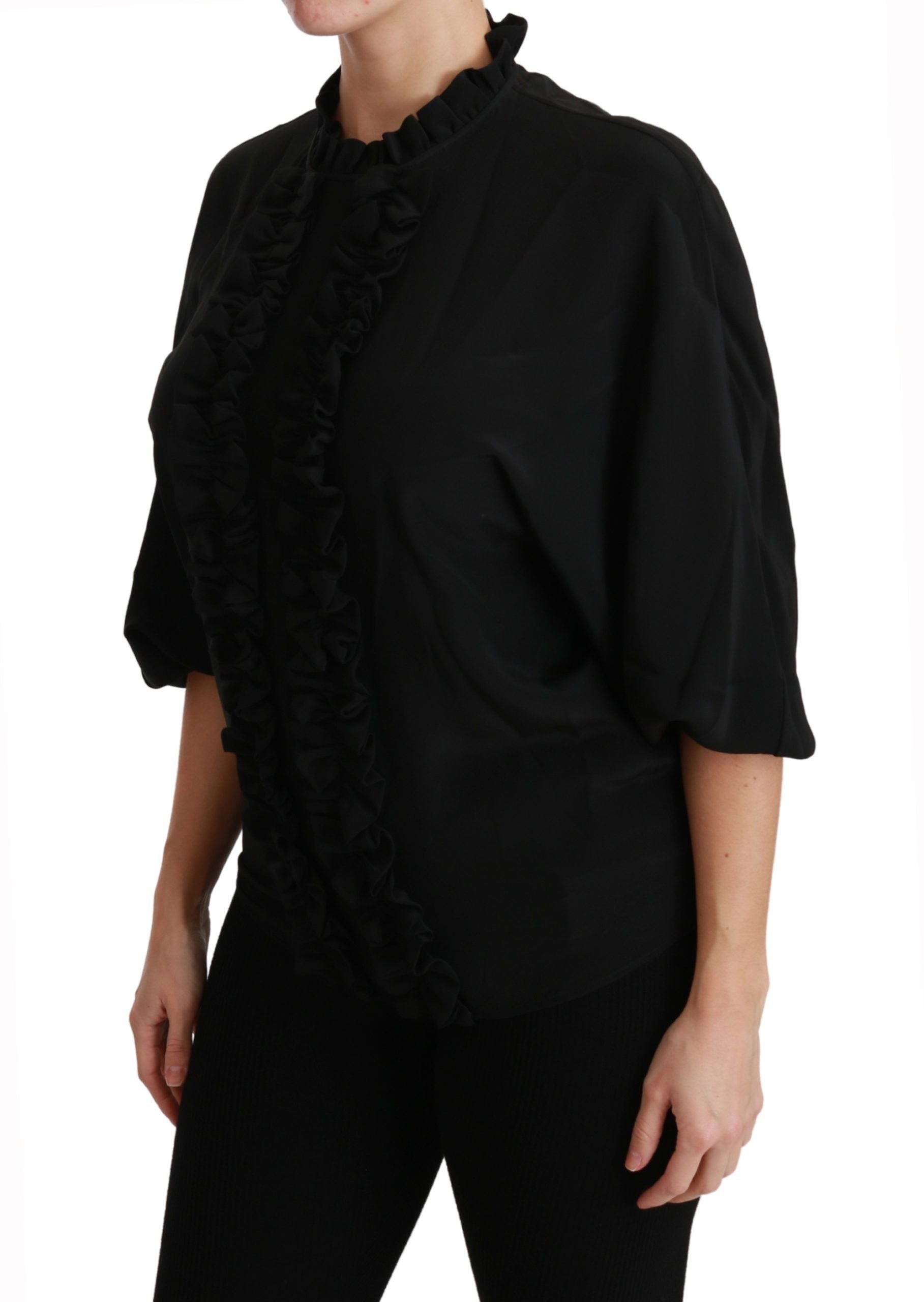Dolce & Gabbana Black Silk Shirt Ruched Top Blouse-3
