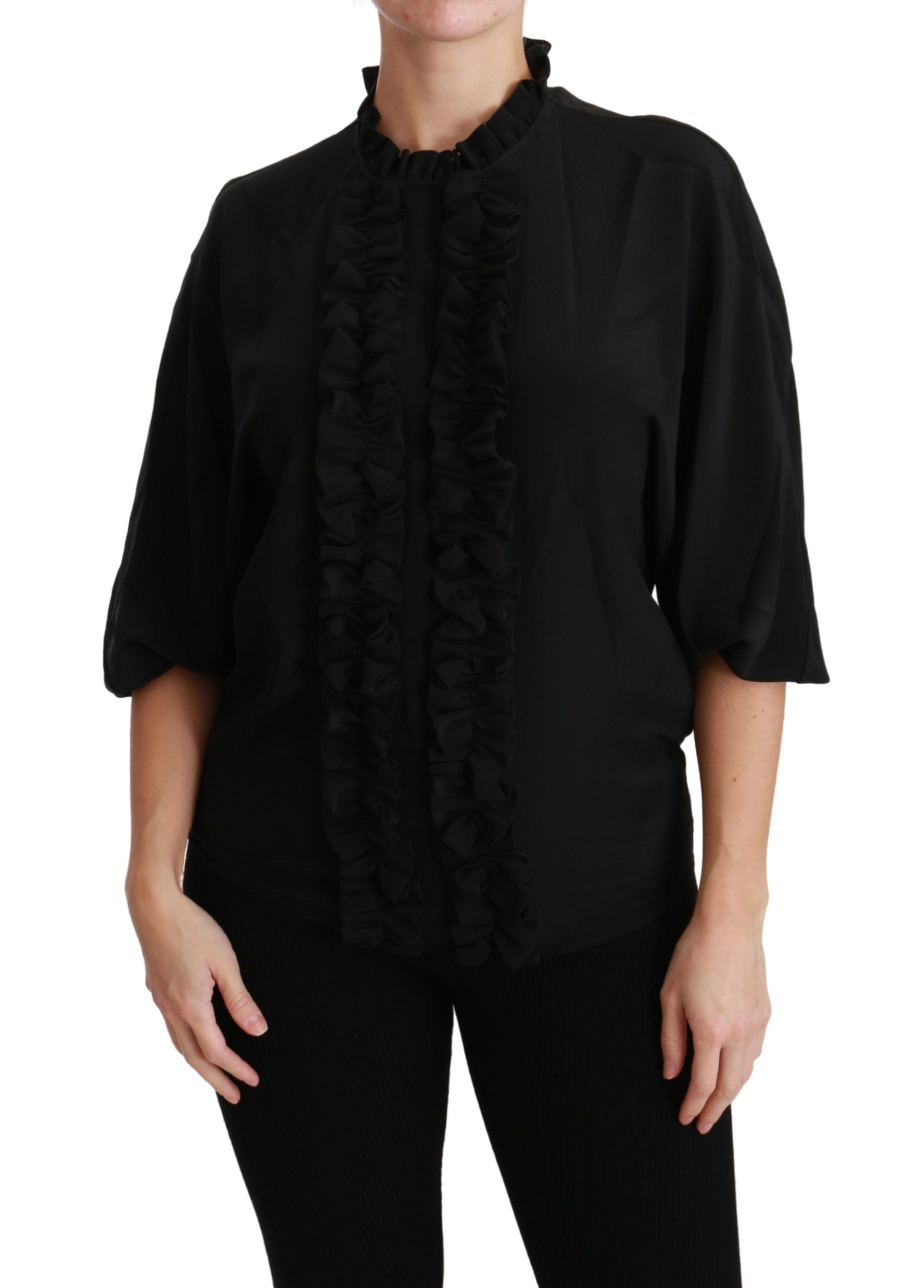Dolce & Gabbana Black Silk Shirt Ruched Top Blouse-1