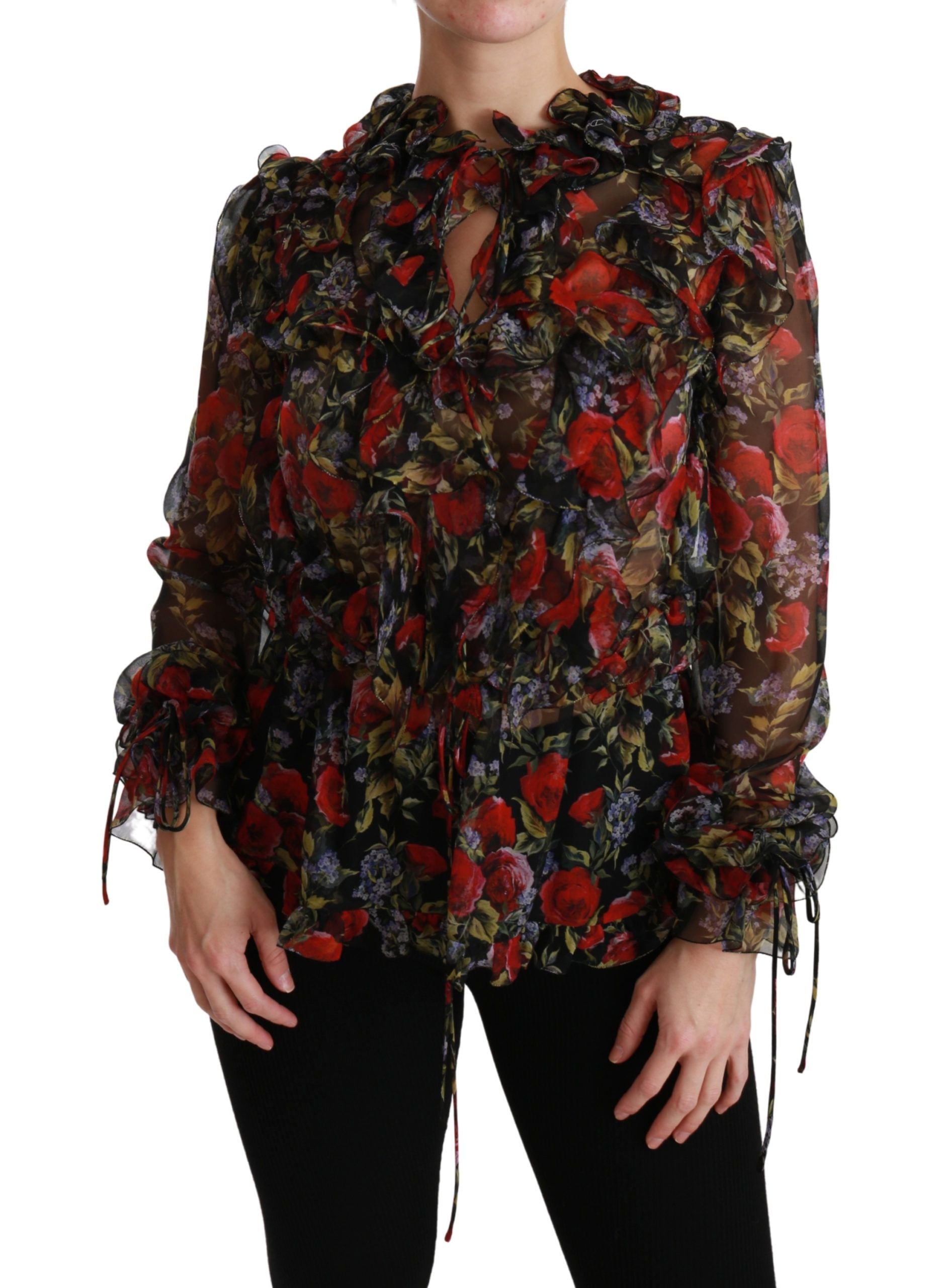 Blusa de seda con rosas y estampado floral negro de Dolce & Gabbana-1