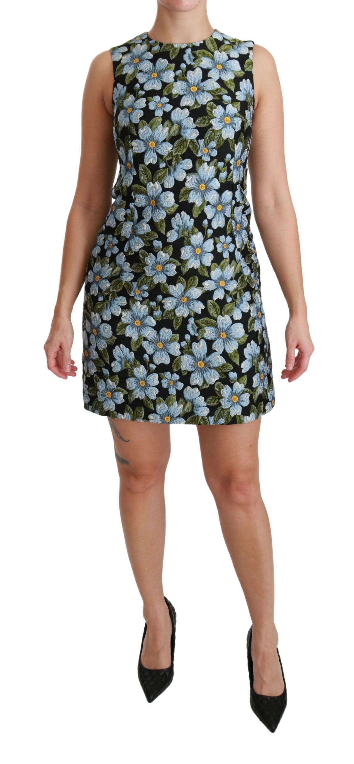 Dolce & Gabbana Blue Brocade Dress with Floral Pattern Shift Dress-1