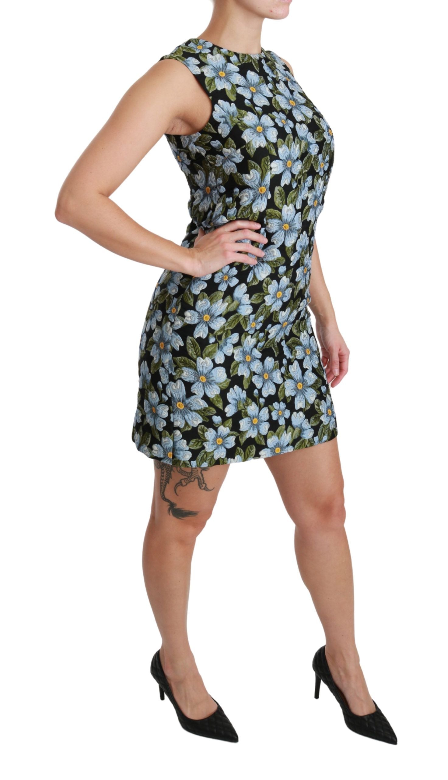 Dolce & Gabbana Blue Brocade Dress with Floral Pattern Shift Dress-6
