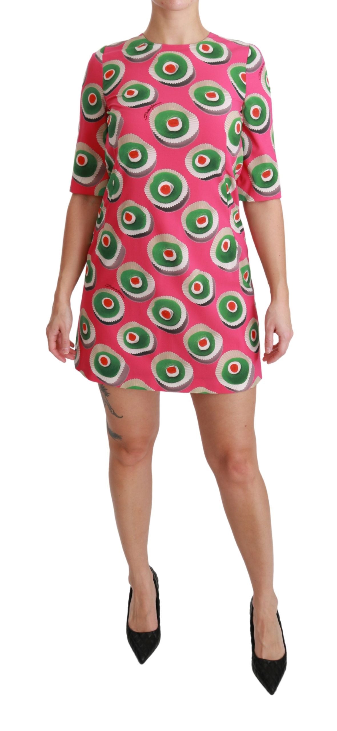 Vestido recto elástico de seda rosa con diseño de cupcakes de Dolce & Gabbana-1