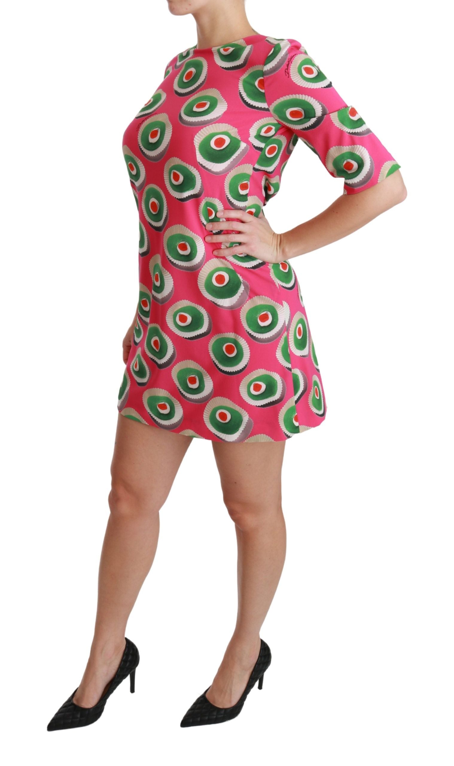 Vestido recto elástico de seda rosa con diseño de cupcakes de Dolce & Gabbana-3