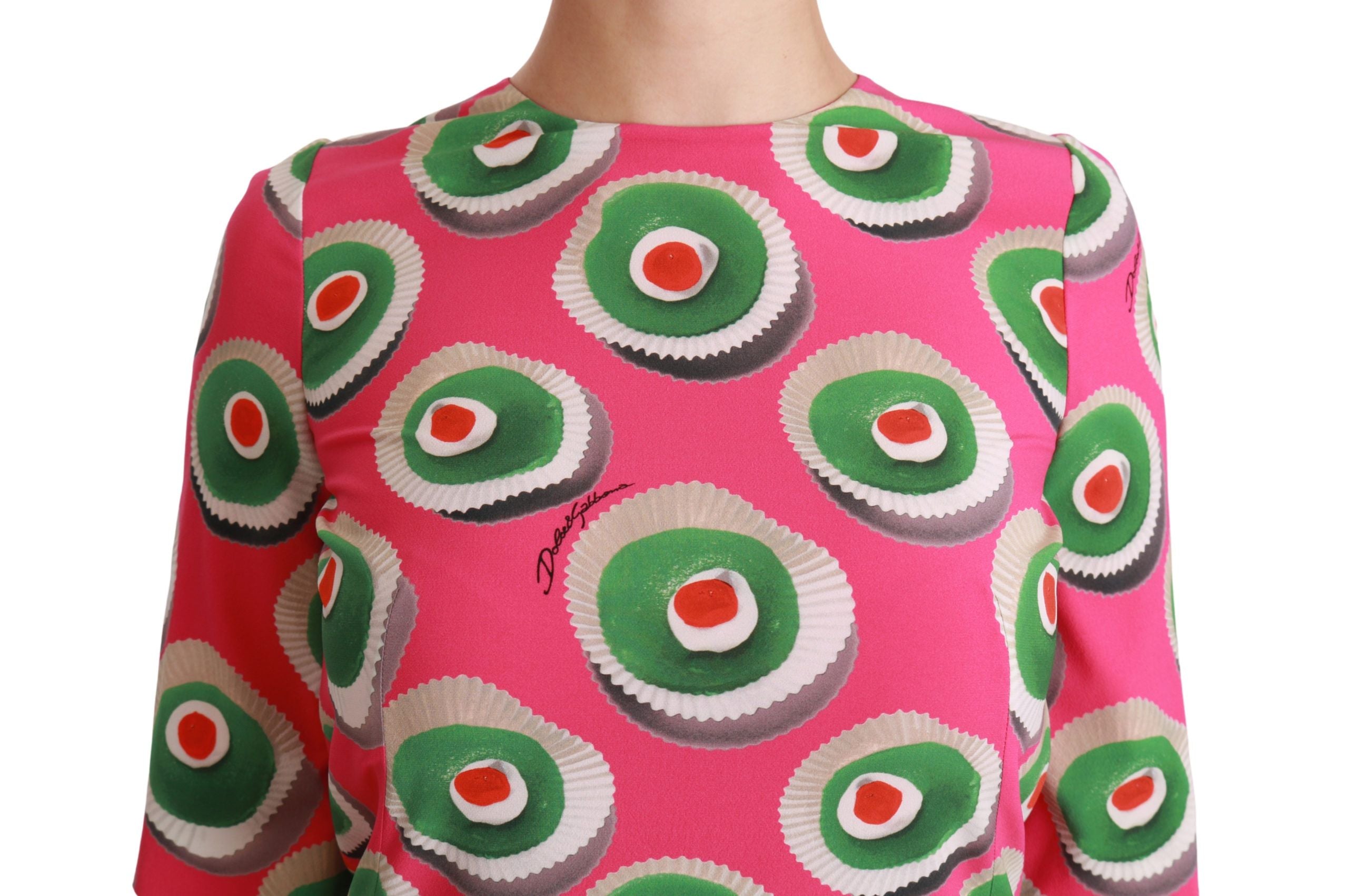 Vestido recto elástico de seda rosa con diseño de cupcakes de Dolce & Gabbana-5
