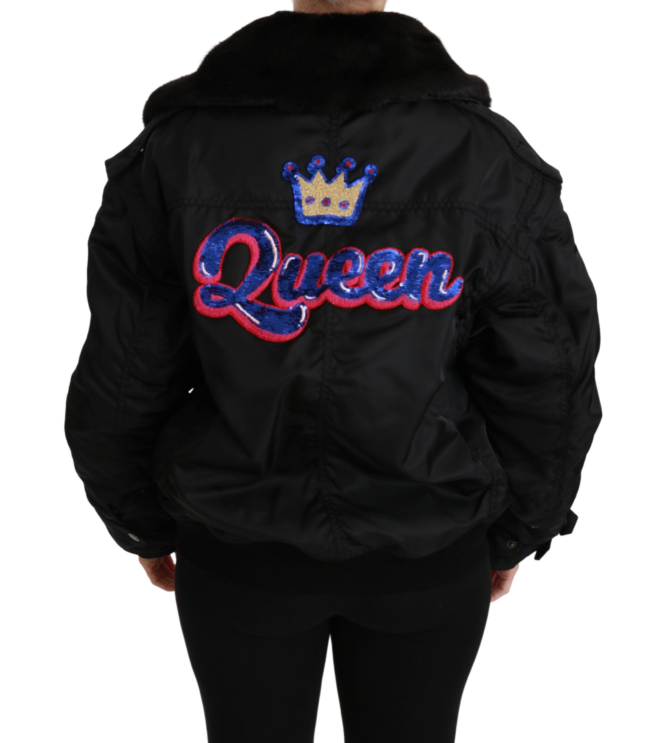 Dolce & Gabbana Black Queen Crown Bomber Jacket with Sequins-3