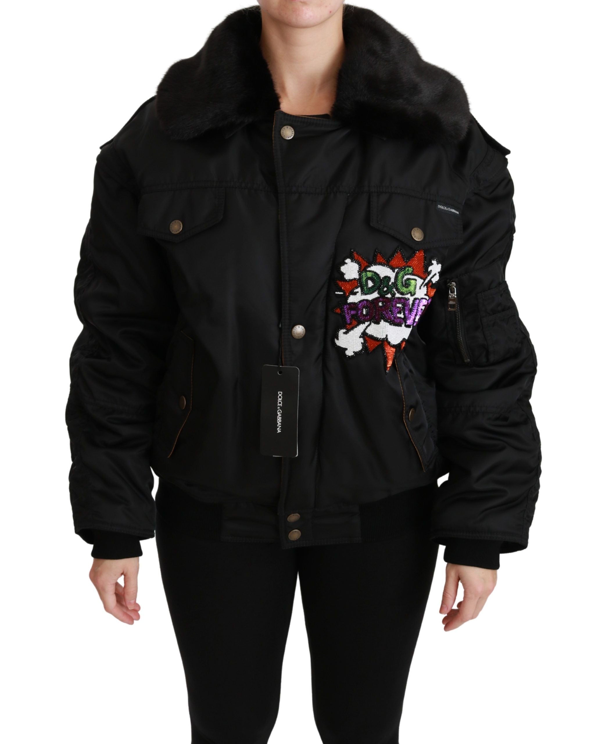 Dolce & Gabbana Black Queen Crown Bomber Jacket with Sequins