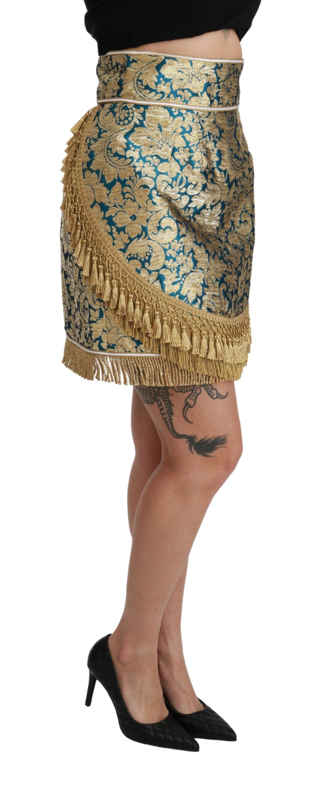 Dolce & Gabbana blue high-waisted skirt in jacquard with gold tassel-3