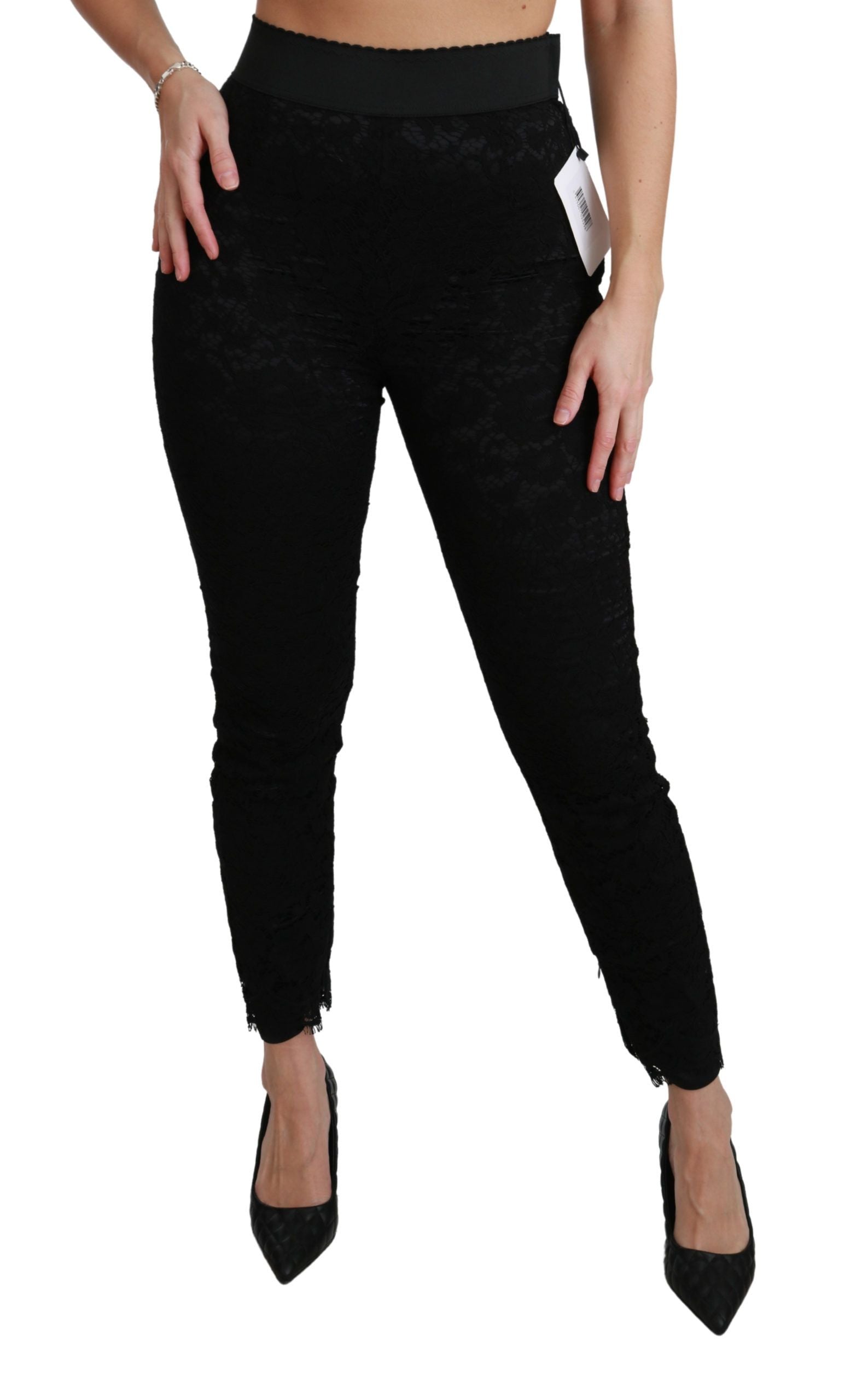 Dolce & Gabbana Schwarze Skinny Hose mit hoher Taille aus Baumwolle mit Spitze-2