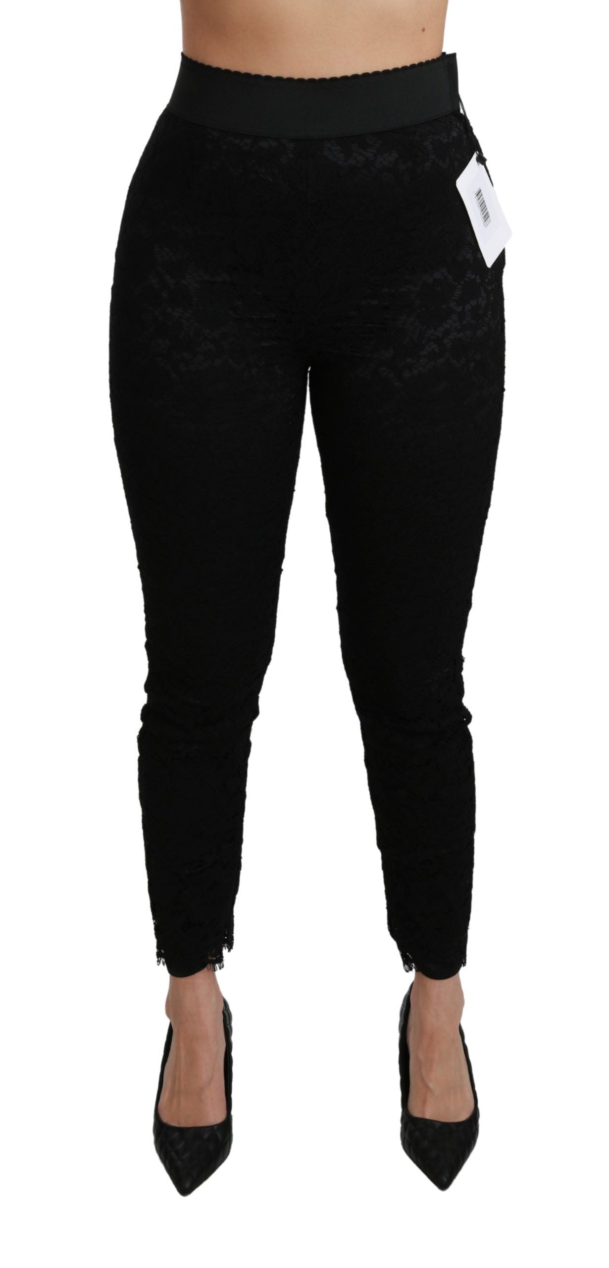 Dolce & Gabbana Schwarze Skinny Hose mit hoher Taille aus Baumwolle mit Spitze