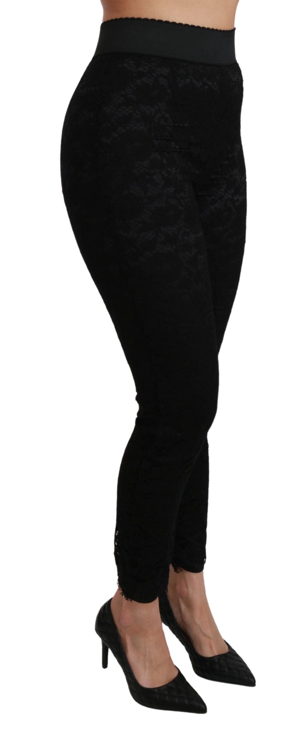 Dolce & Gabbana Schwarze Skinny Hose mit hoher Taille aus Baumwolle mit Spitze-3