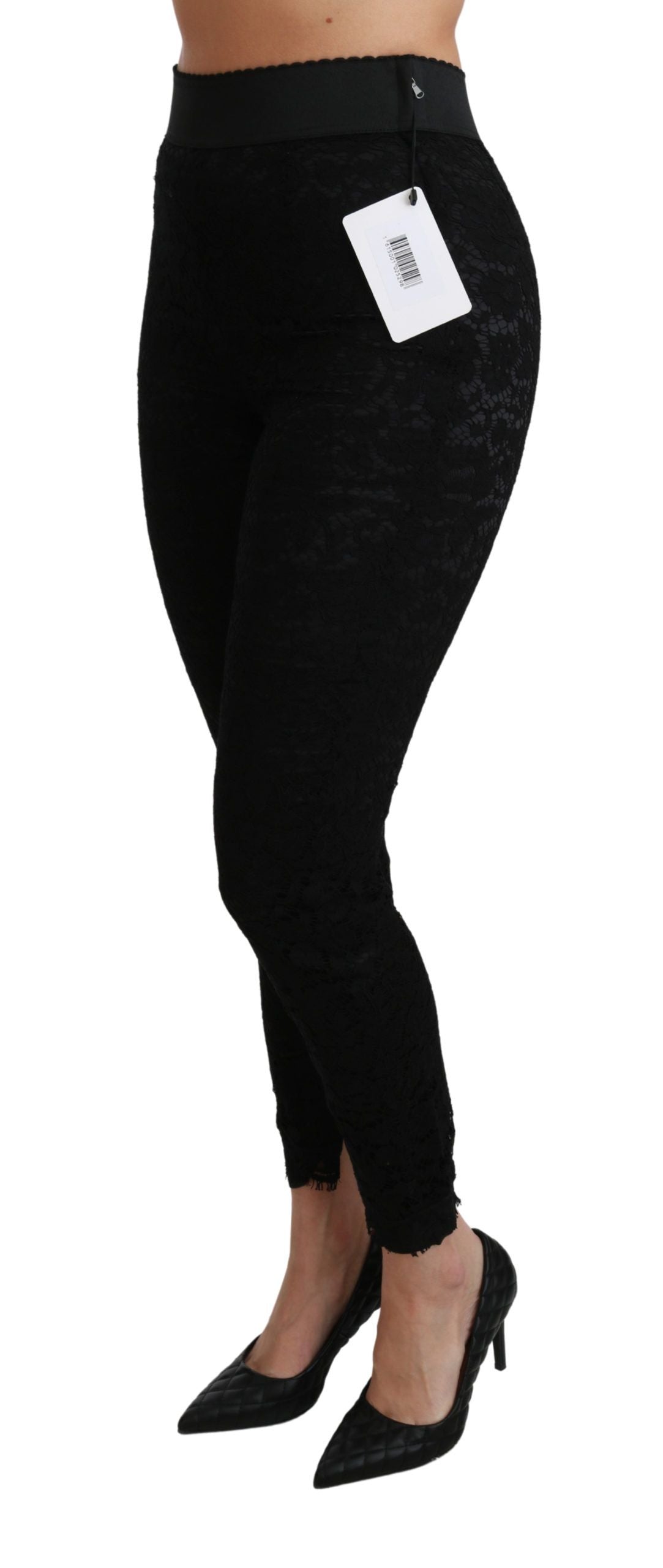 Dolce & Gabbana Schwarze Skinny Hose mit hoher Taille aus Baumwolle mit Spitze-4