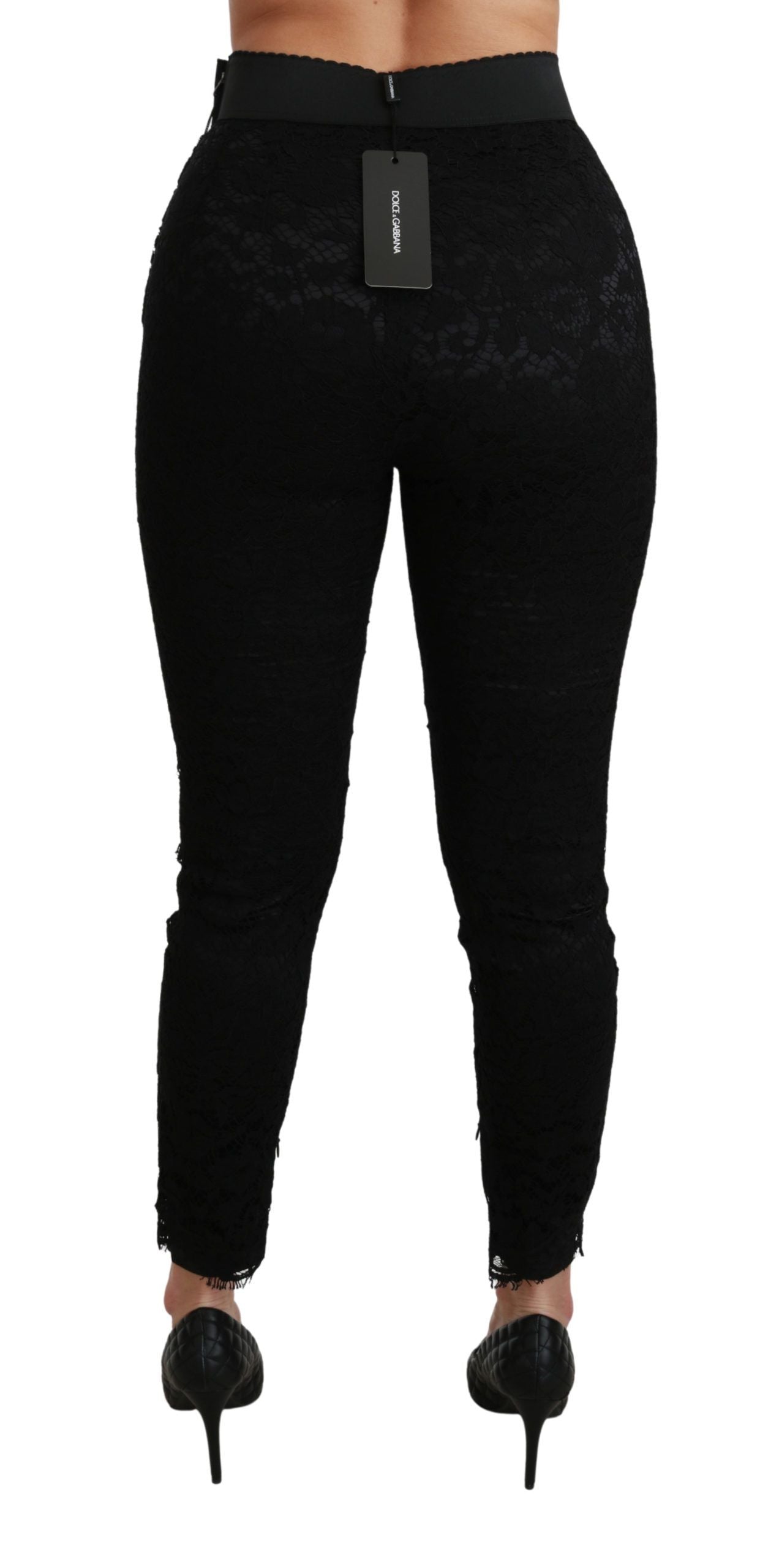 Dolce & Gabbana Schwarze Skinny Hose mit hoher Taille aus Baumwolle mit Spitze-5