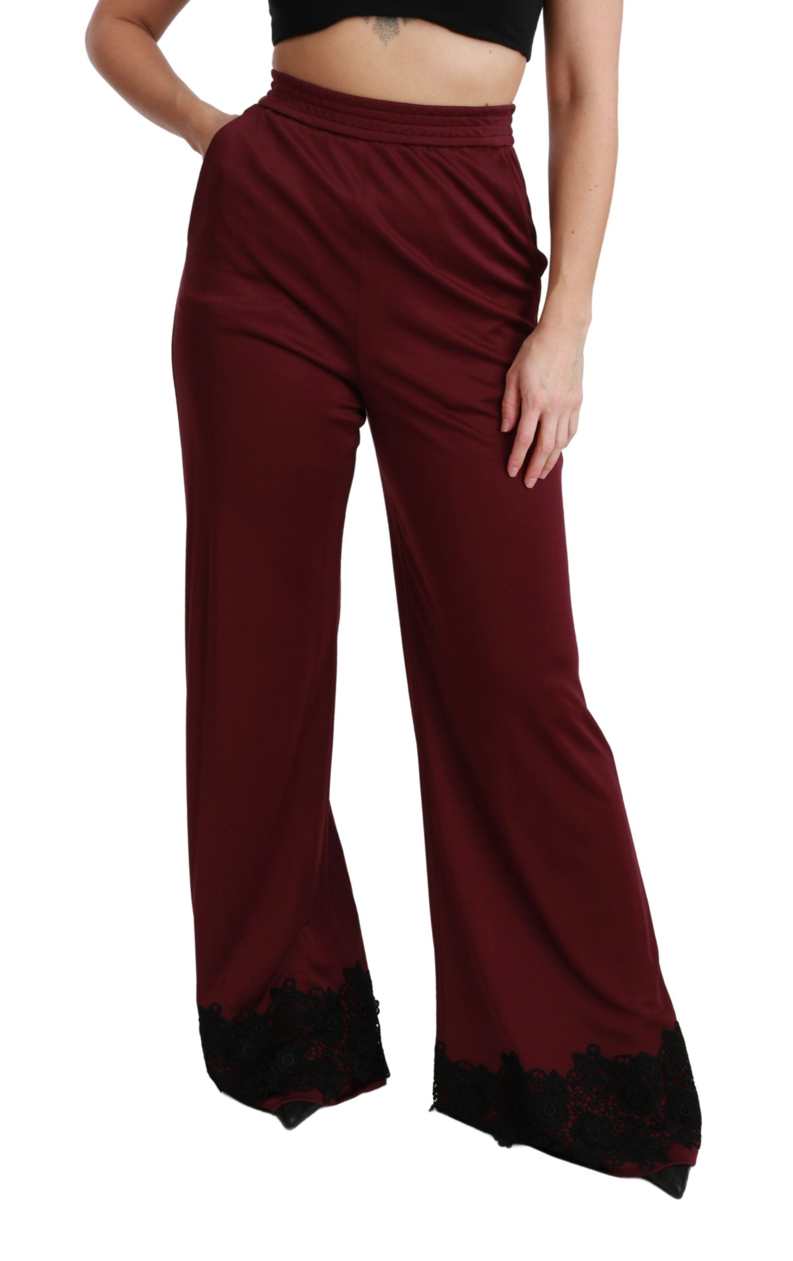 Dolce & Gabbana Schwarze Hose mit hoher Taille und weitem Bein aus Spitze in Maroon-2