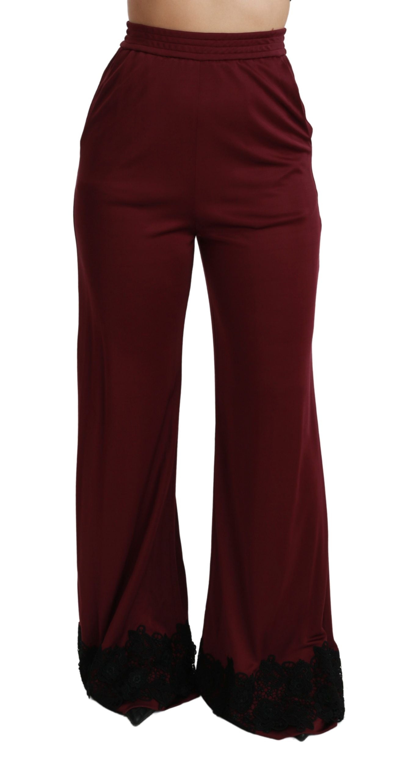 Dolce & Gabbana Schwarze Hose mit hoher Taille und weitem Bein aus Spitze in Maroon-3