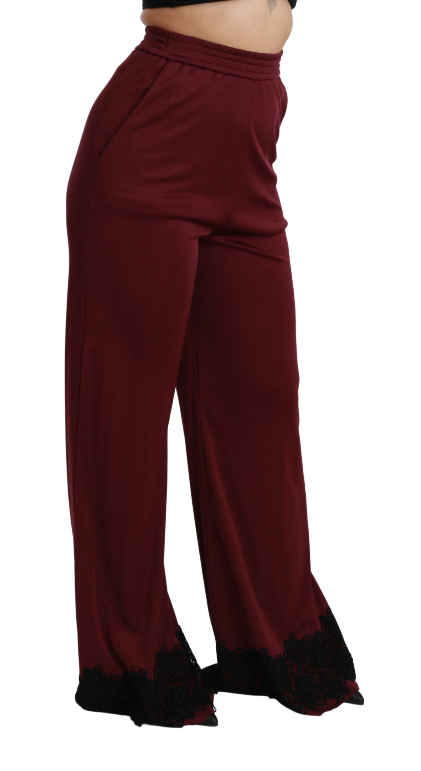 Dolce & Gabbana Schwarze Hose mit hoher Taille und weitem Bein aus Spitze in Maroon-4