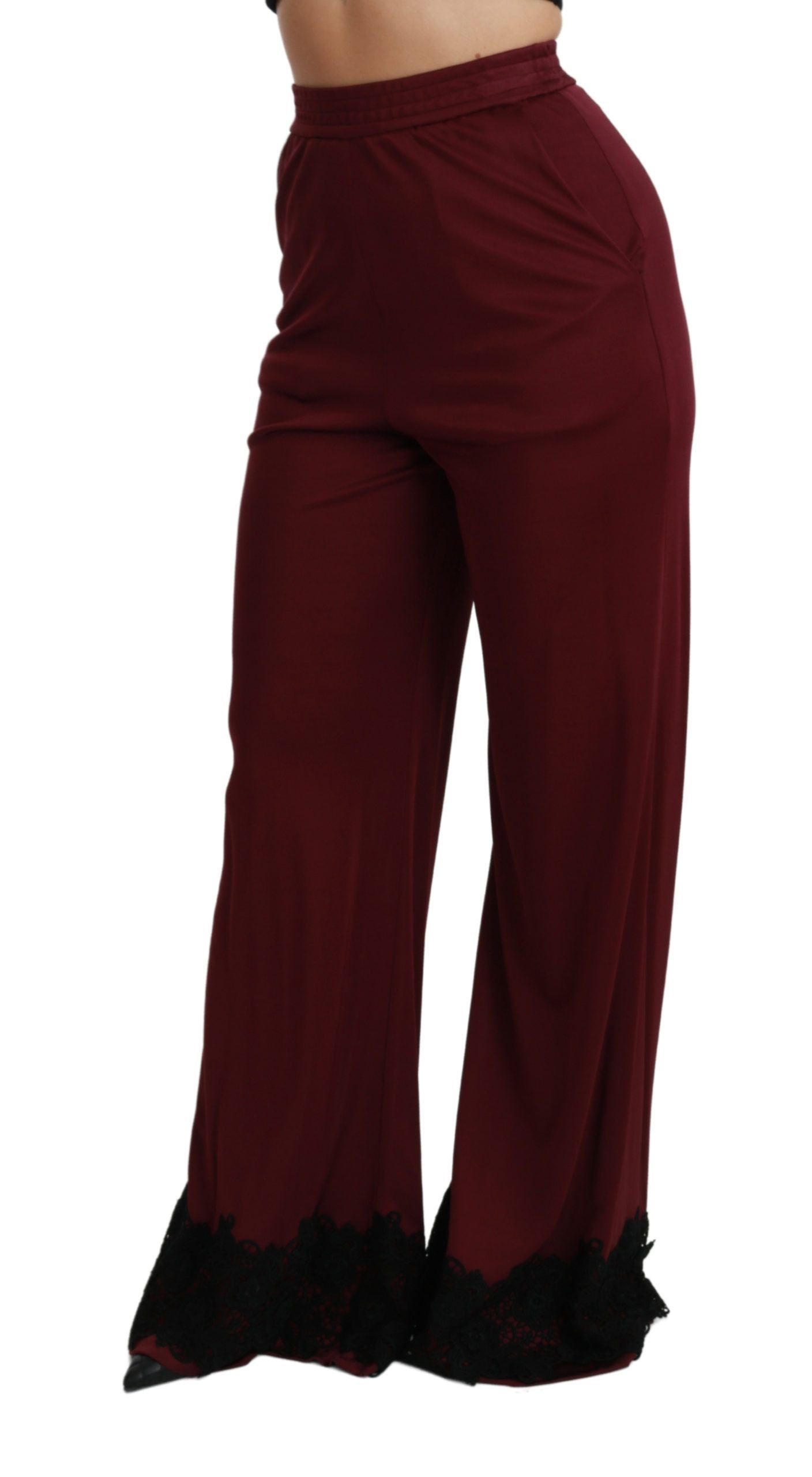 Dolce & Gabbana Schwarze Hose mit hoher Taille und weitem Bein aus Spitze in Maroon-5