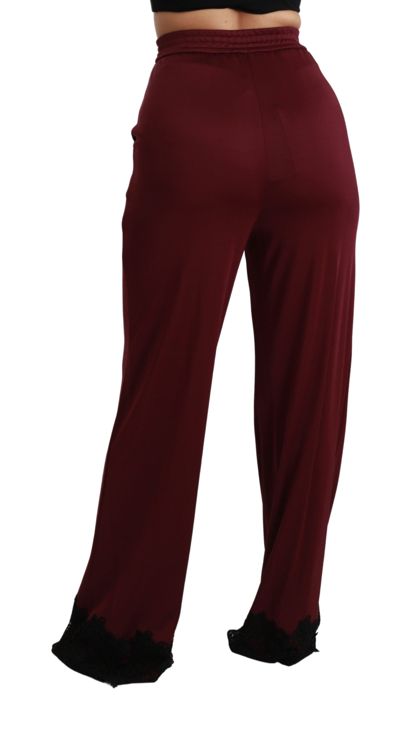 Dolce & Gabbana Schwarze Hose mit hoher Taille und weitem Bein aus Spitze in Maroon-6