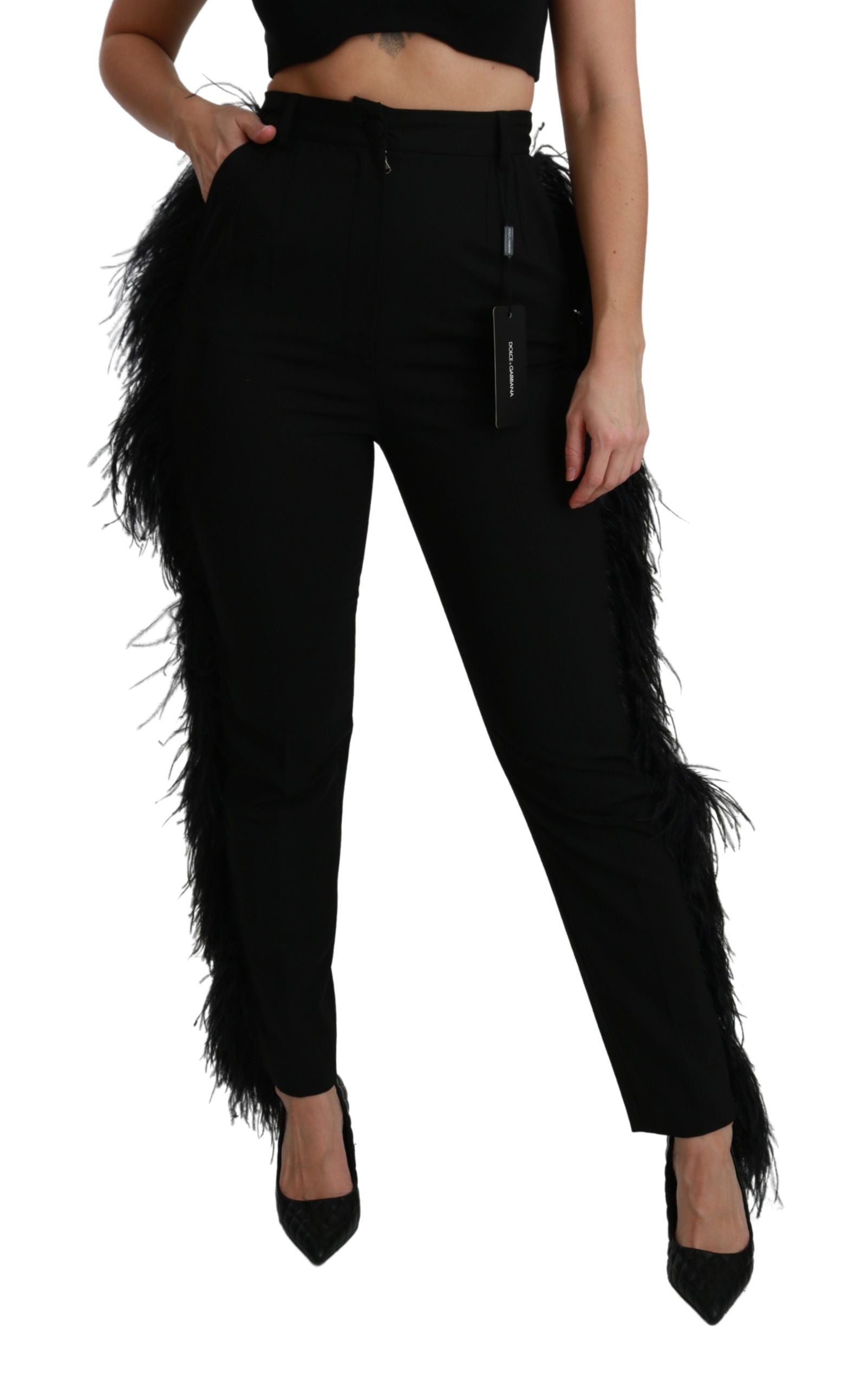 Dolce & Gabbana Black high-waisted wool feather trousers-2