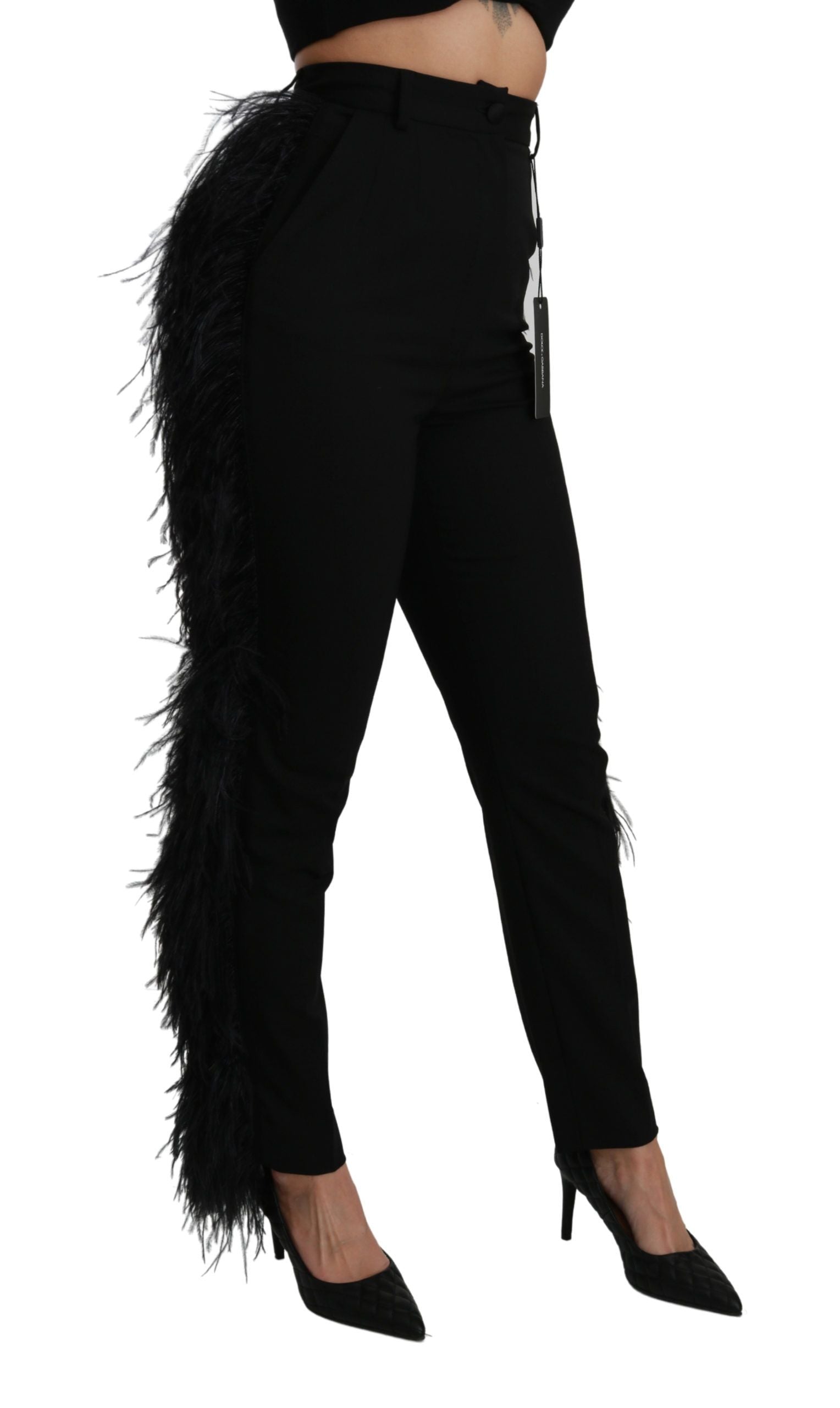 Dolce & Gabbana Black high-waisted wool feather trousers-3