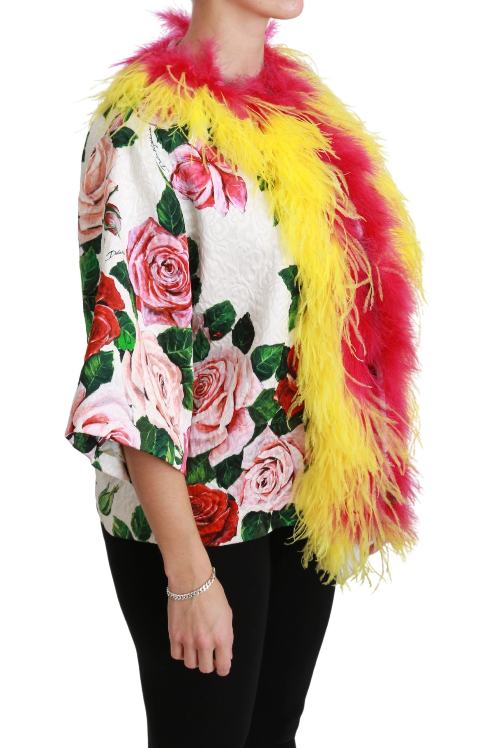 Dolce & Gabbana White Floral Coat Capte Fur Roses Jacket-2