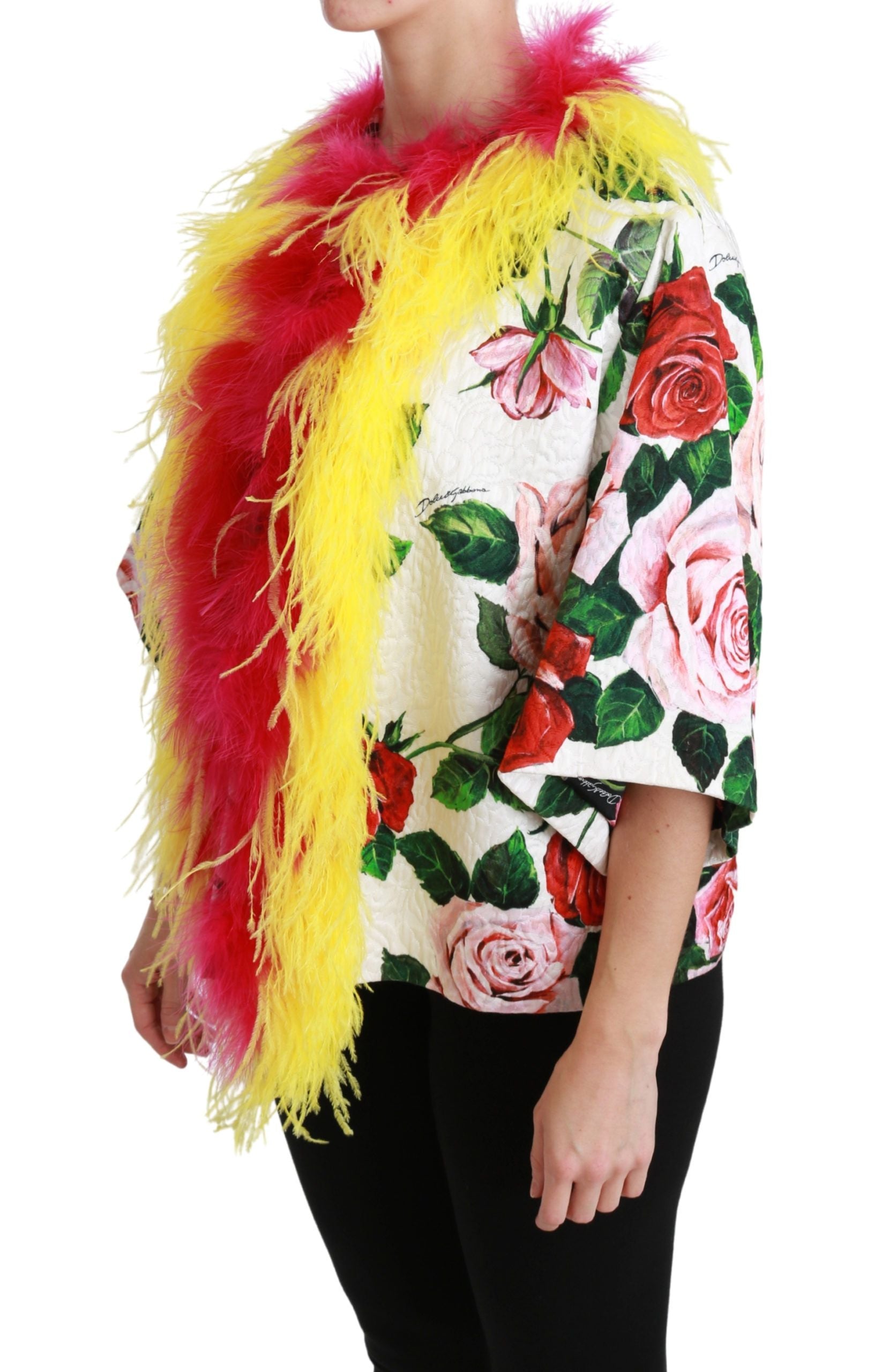 Dolce & Gabbana White Floral Coat Capte Fur Roses Jacket-3